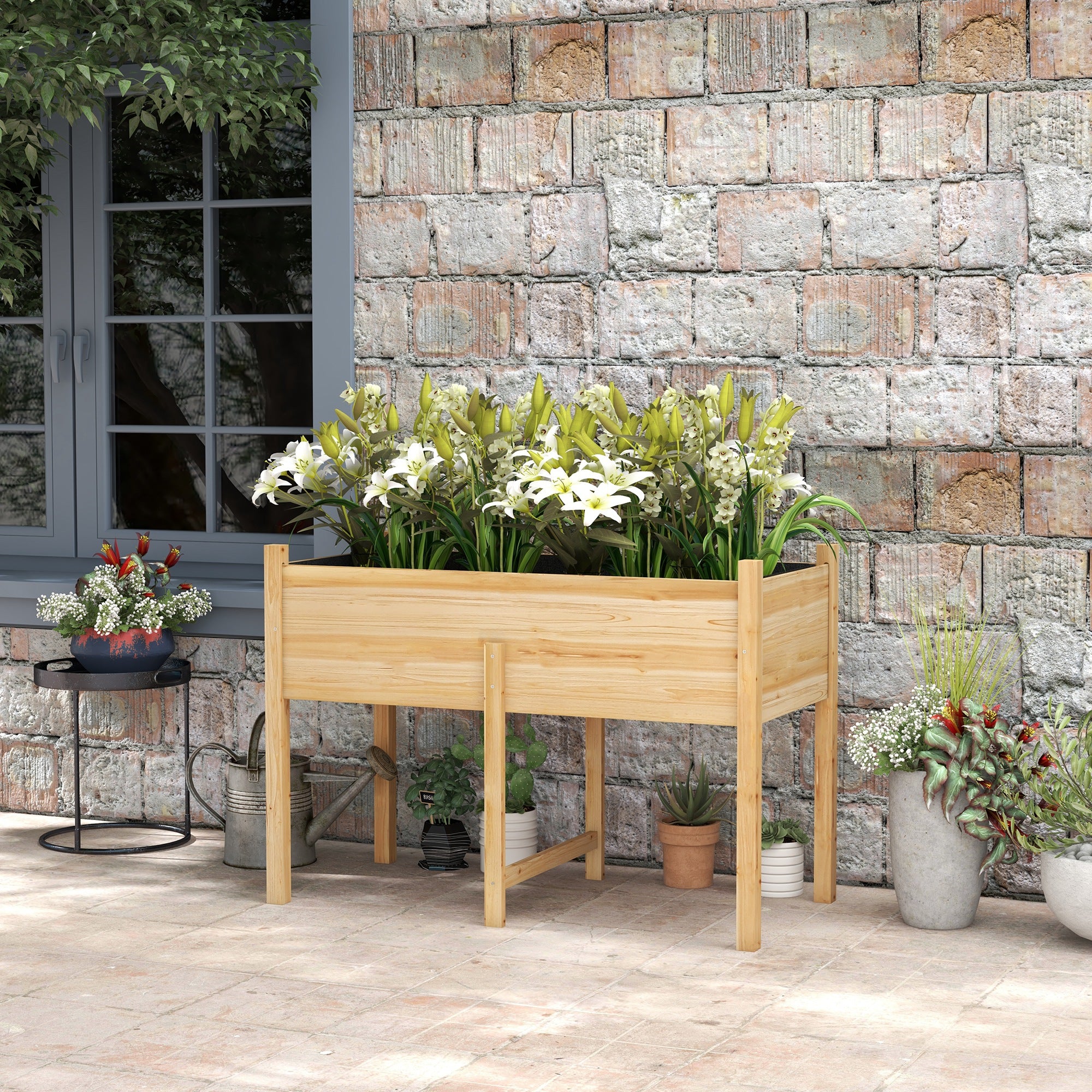 Outsunny Wooden Raised Garden Bed with Drain Holes, Bed Liner for Vegetables, Flowers, Herbs, Outdoor Elevated Planter Box with Legs for Backyard Patio, 45.3"x21.7"x31.5", Natural
