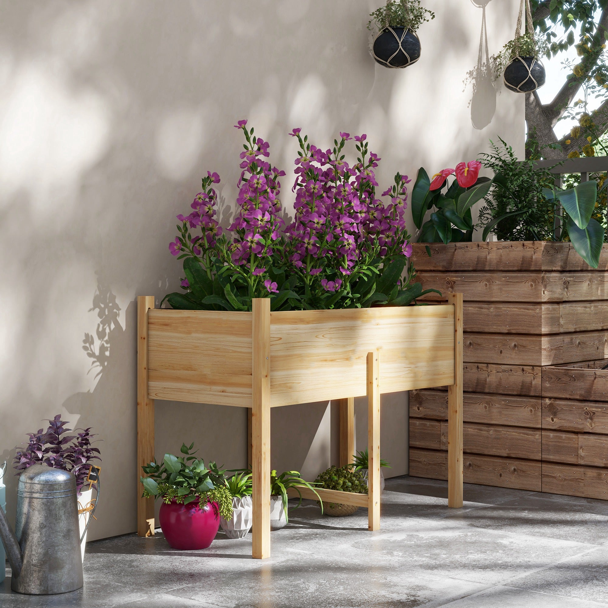 Outsunny Wooden Raised Garden Bed with Drain Holes, Bed Liner for Vegetables, Flowers, Herbs, Outdoor Elevated Planter Box with Legs for Backyard Patio, 45.3"x21.7"x31.5", Natural