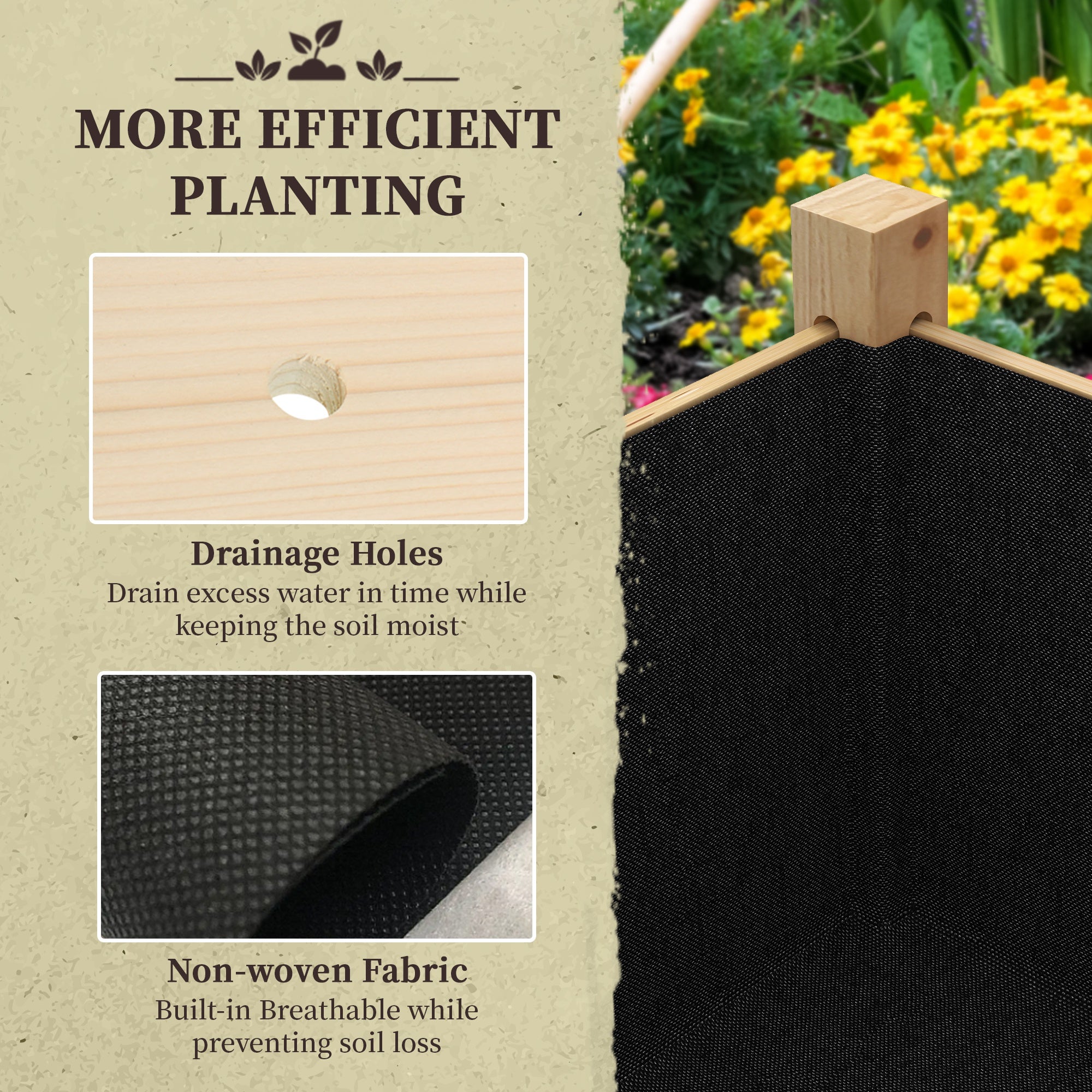 Outsunny Wooden Raised Garden Bed with Drain Holes, Bed Liner for Vegetables, Flowers, Herbs, Outdoor Elevated Planter Box with Legs for Backyard Patio, 45.3"x21.7"x31.5", Natural