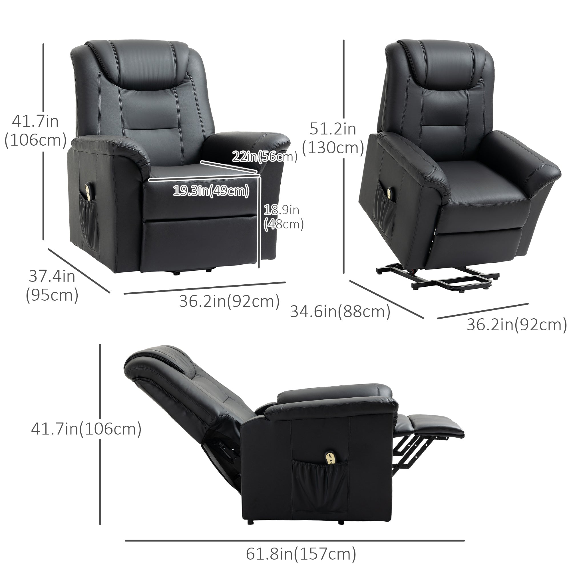 HOMCOM Electric Power Lift Chair for Elderly, PU Leather Recliner Sofa with Footrest and Remote Control for Living Room, Black