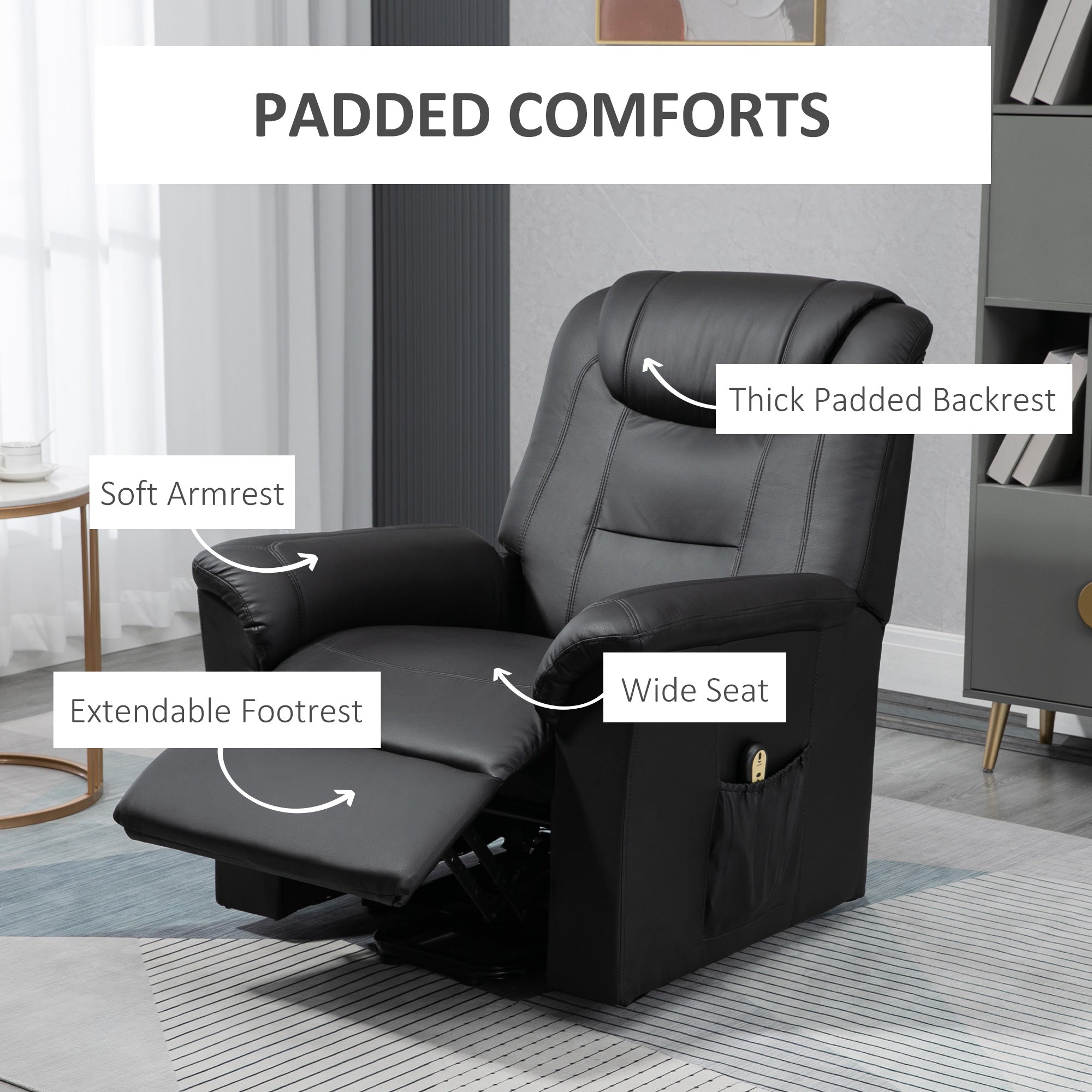 HOMCOM Electric Power Lift Chair for Elderly, PU Leather Recliner Sofa with Footrest and Remote Control for Living Room, Black