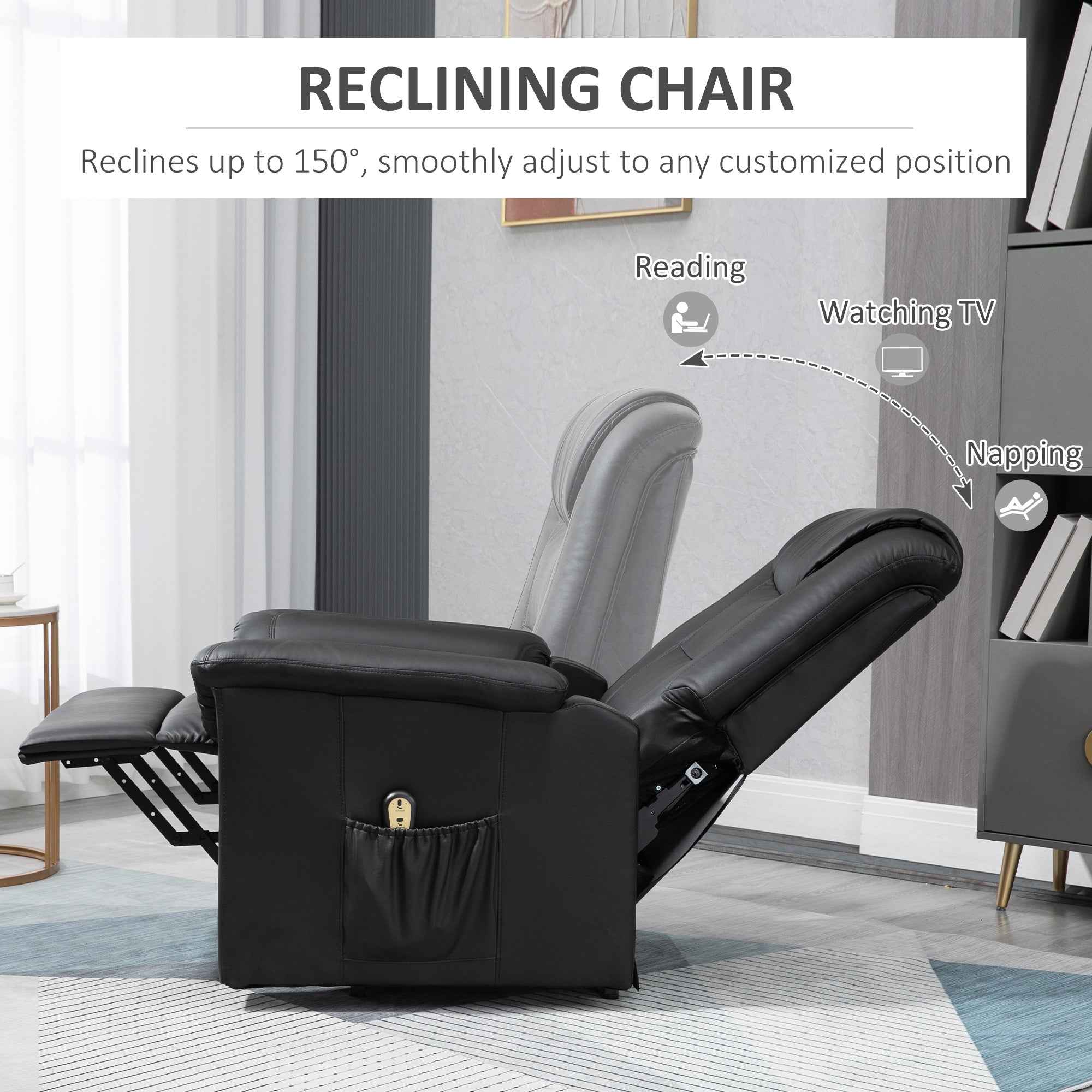 HOMCOM Electric Power Lift Chair for Elderly, PU Leather Recliner Sofa with Footrest and Remote Control for Living Room, Black