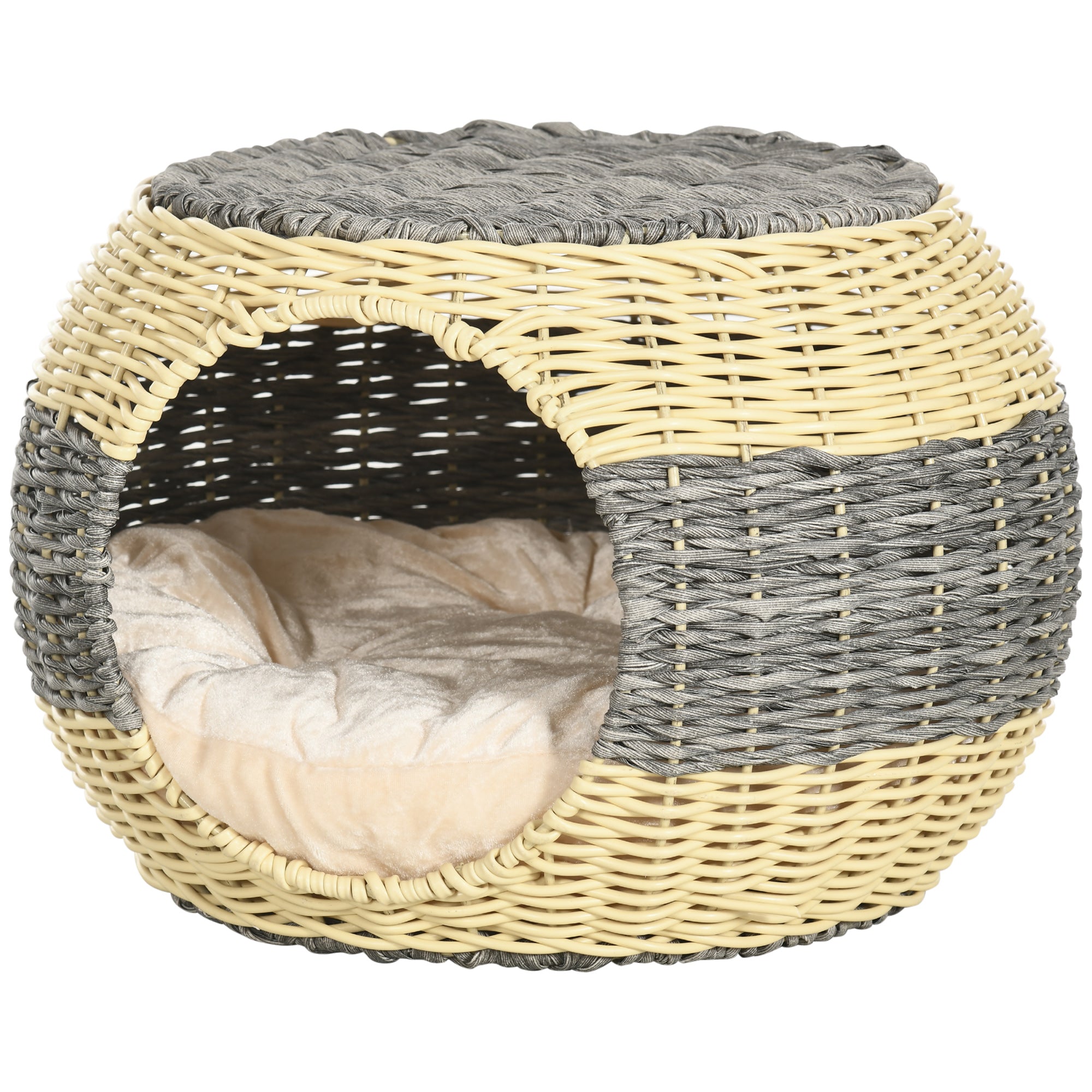 PawHut Wicker Cat House, Rattan Raised Cat Bed, Cosy Kitten Cave with Soft Washable Cushion, Φ40 x 30cm