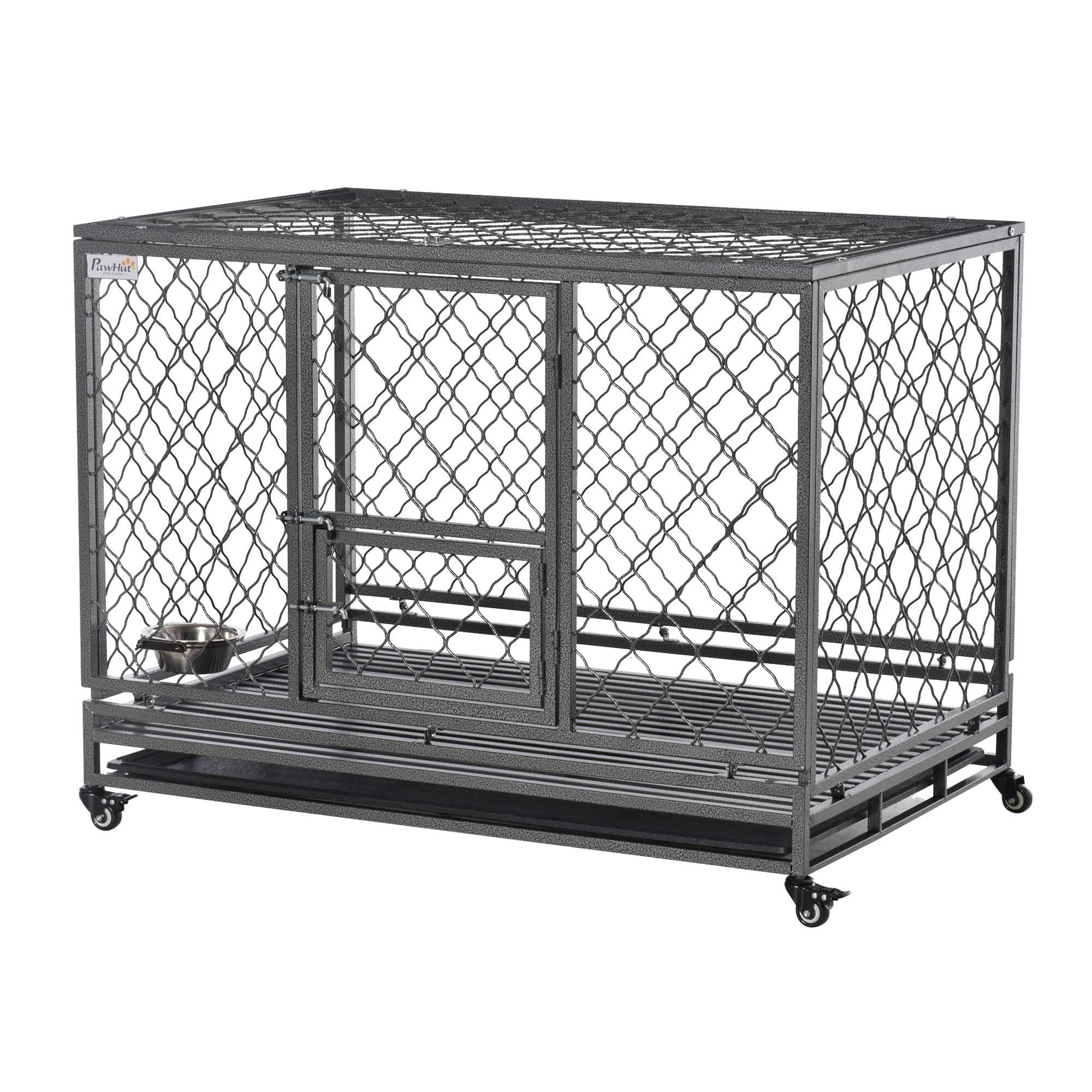 PawHut Heavy Duty Dog Crate, Metal Dog Cage Kennel with Lockable Wheels, Slide-Out Tray, Food Bowl and Double Doors, 49"