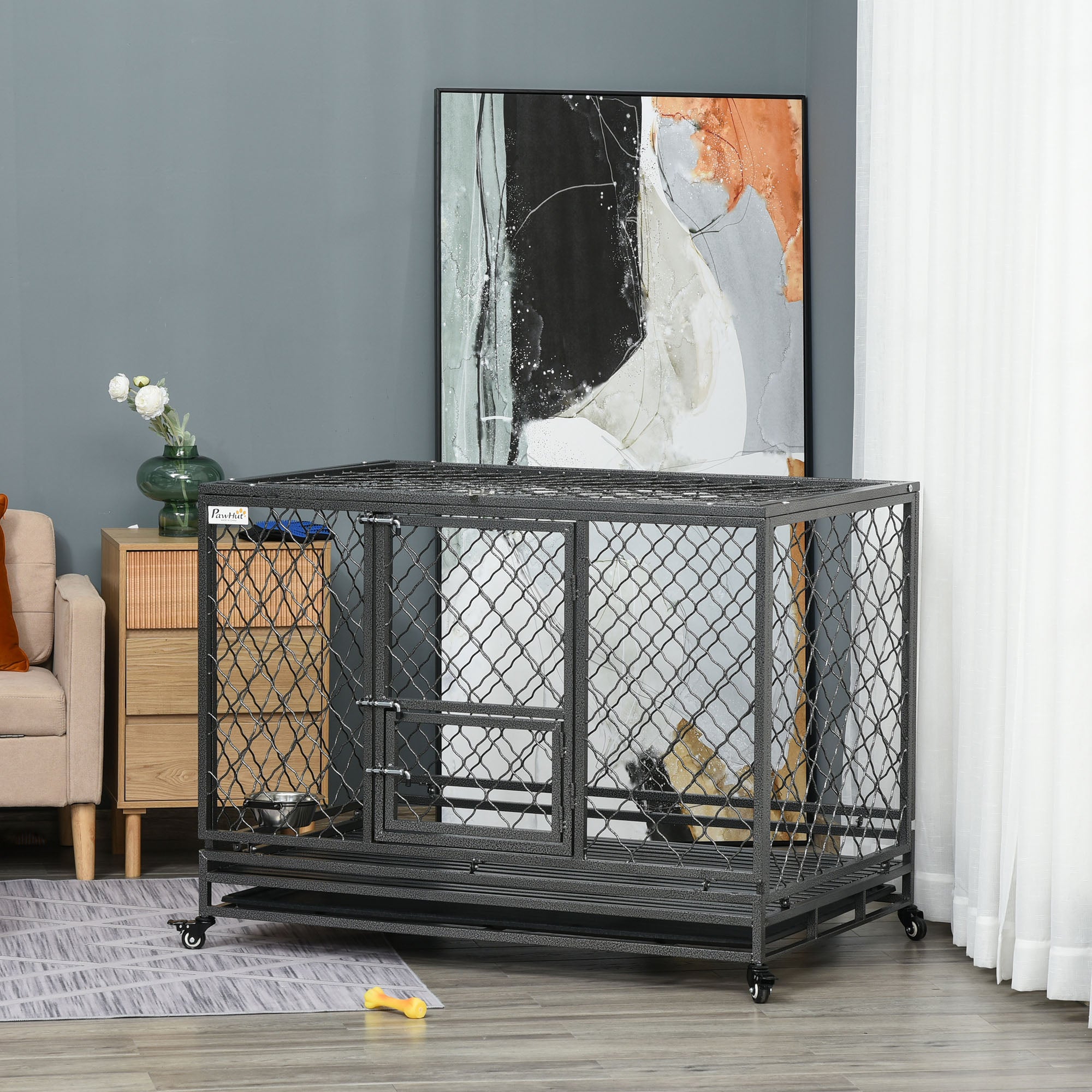 PawHut Heavy Duty Dog Crate, Metal Dog Cage Kennel with Lockable Wheels, Slide-Out Tray, Food Bowl and Double Doors, 49"