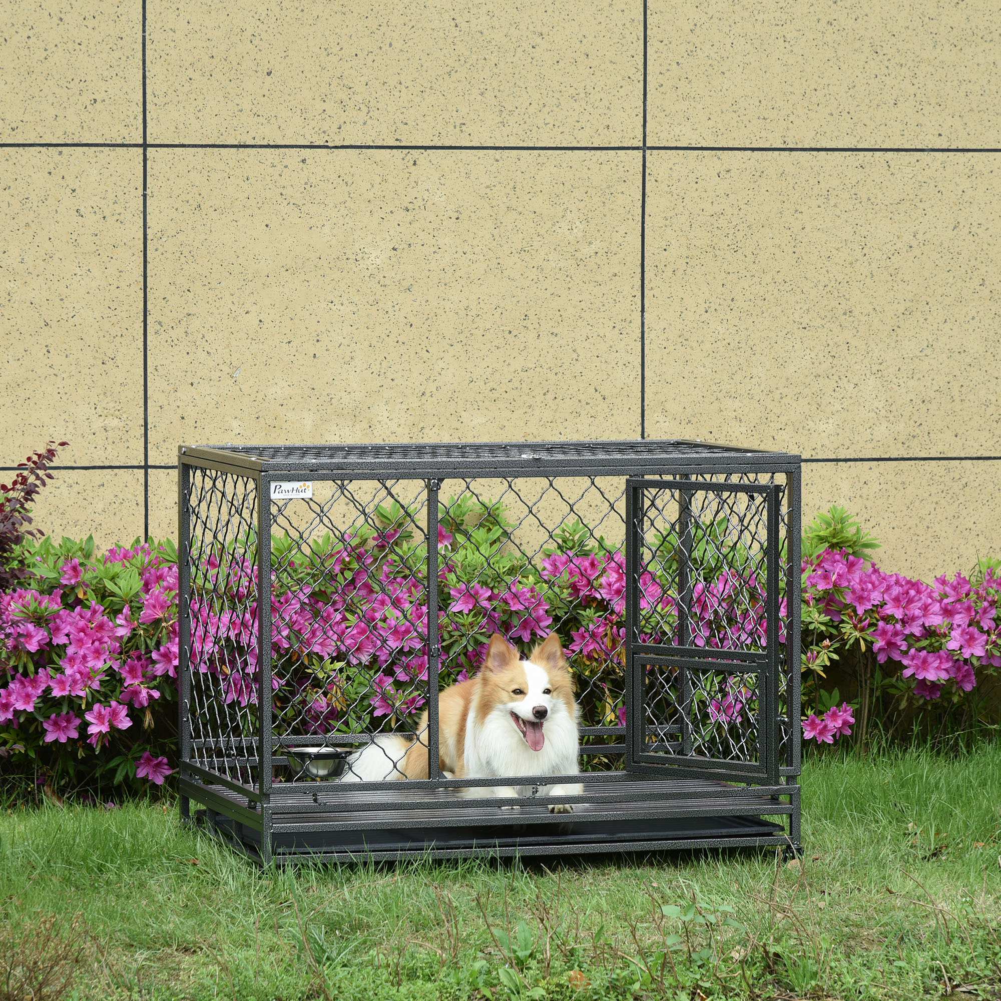 PawHut Heavy Duty Dog Crate, Metal Dog Cage Kennel with Lockable Wheels, Slide-Out Tray, Food Bowl and Double Doors, 49"