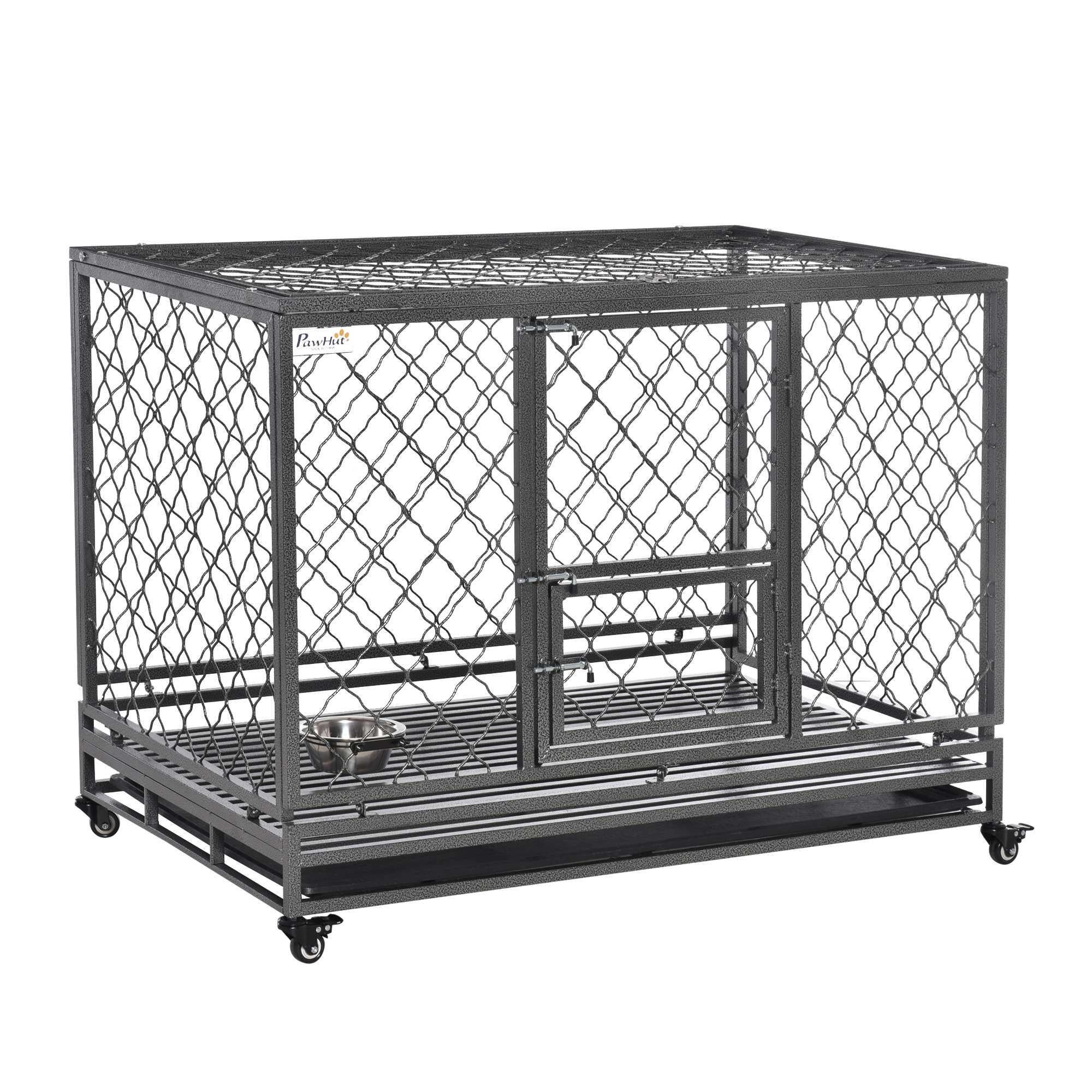PawHut Heavy Duty Dog Crate, Metal Dog Cage Kennel with Lockable Wheels, Slide-Out Tray, Food Bowl and Double Doors, 49"