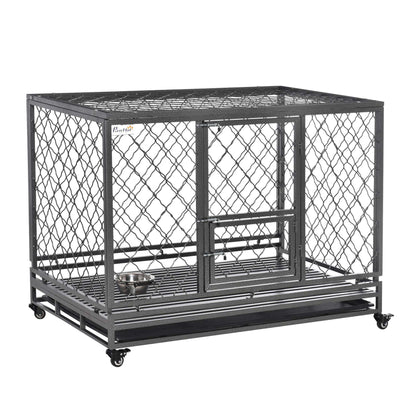 PawHut Heavy Duty Dog Crate, Metal Dog Cage Kennel with Lockable Wheels, Slide-Out Tray, Food Bowl and Double Doors, 49"