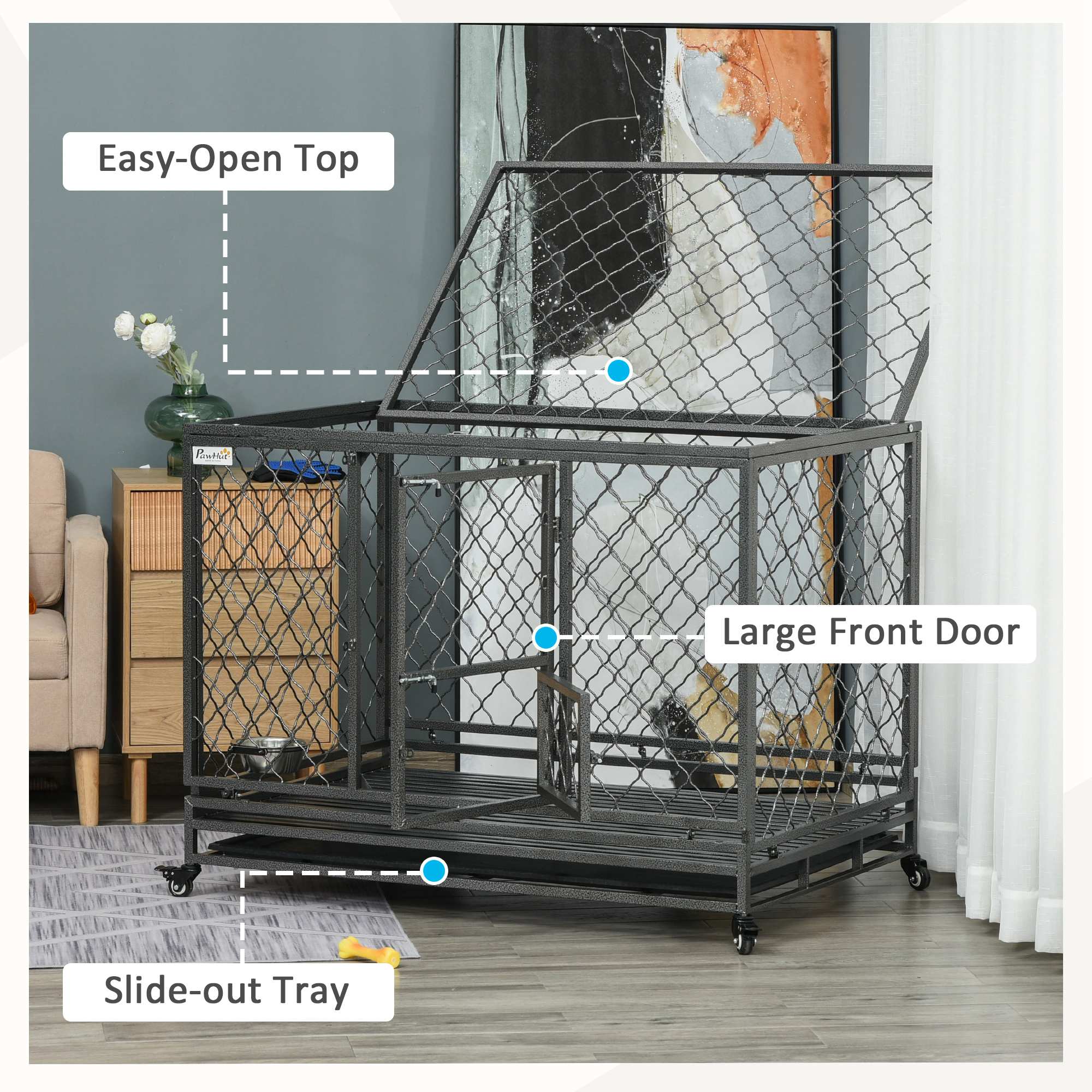 PawHut Heavy Duty Dog Crate, Metal Dog Cage Kennel with Lockable Wheels, Slide-Out Tray, Food Bowl and Double Doors, 49"