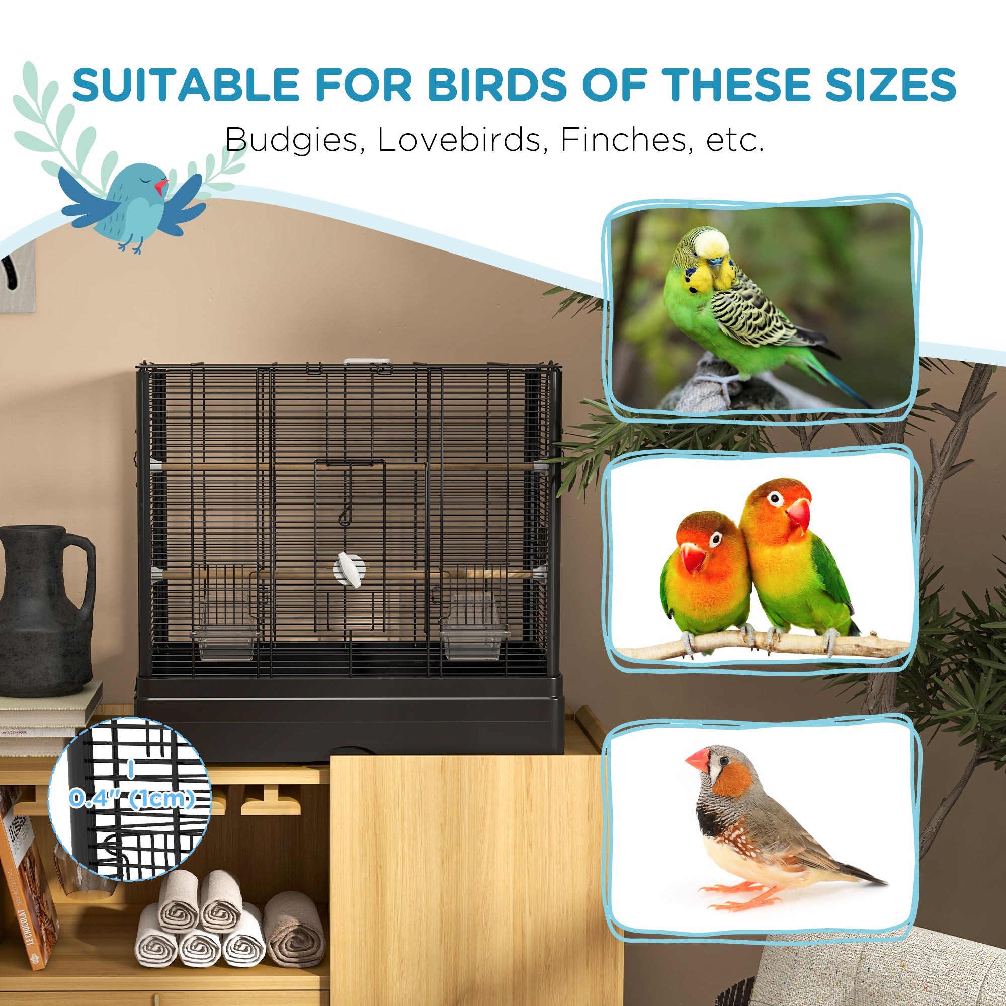 PawHut 22" Bird Cage for Budgie, Finches, Canaries, Love Birds, Large Parrot Cage with Wooden Stands, Slide-Out Tray, Handle, Food Containers, Black