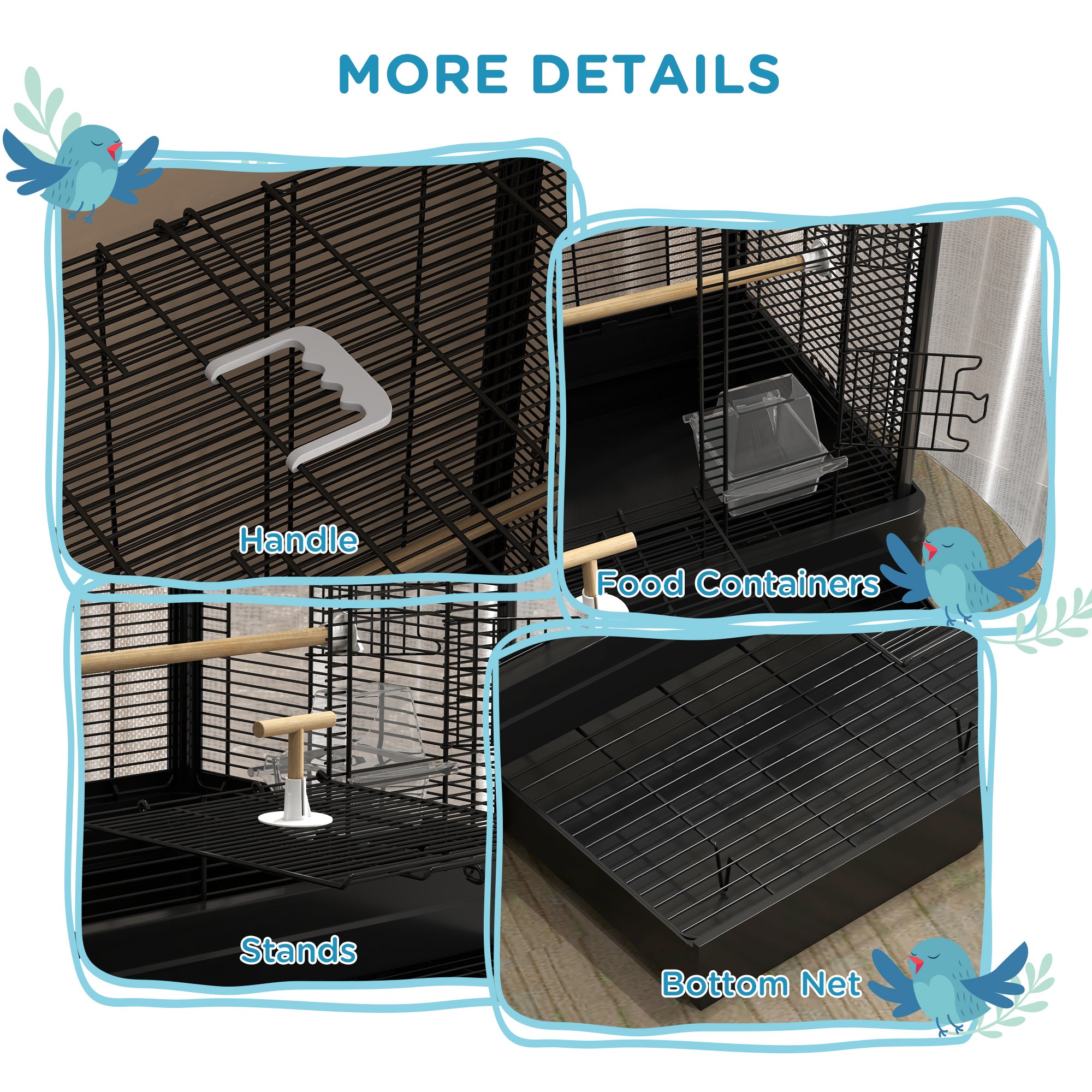 PawHut 22" Bird Cage for Budgie, Finches, Canaries, Love Birds, Large Parrot Cage with Wooden Stands, Slide-Out Tray, Handle, Food Containers, Black