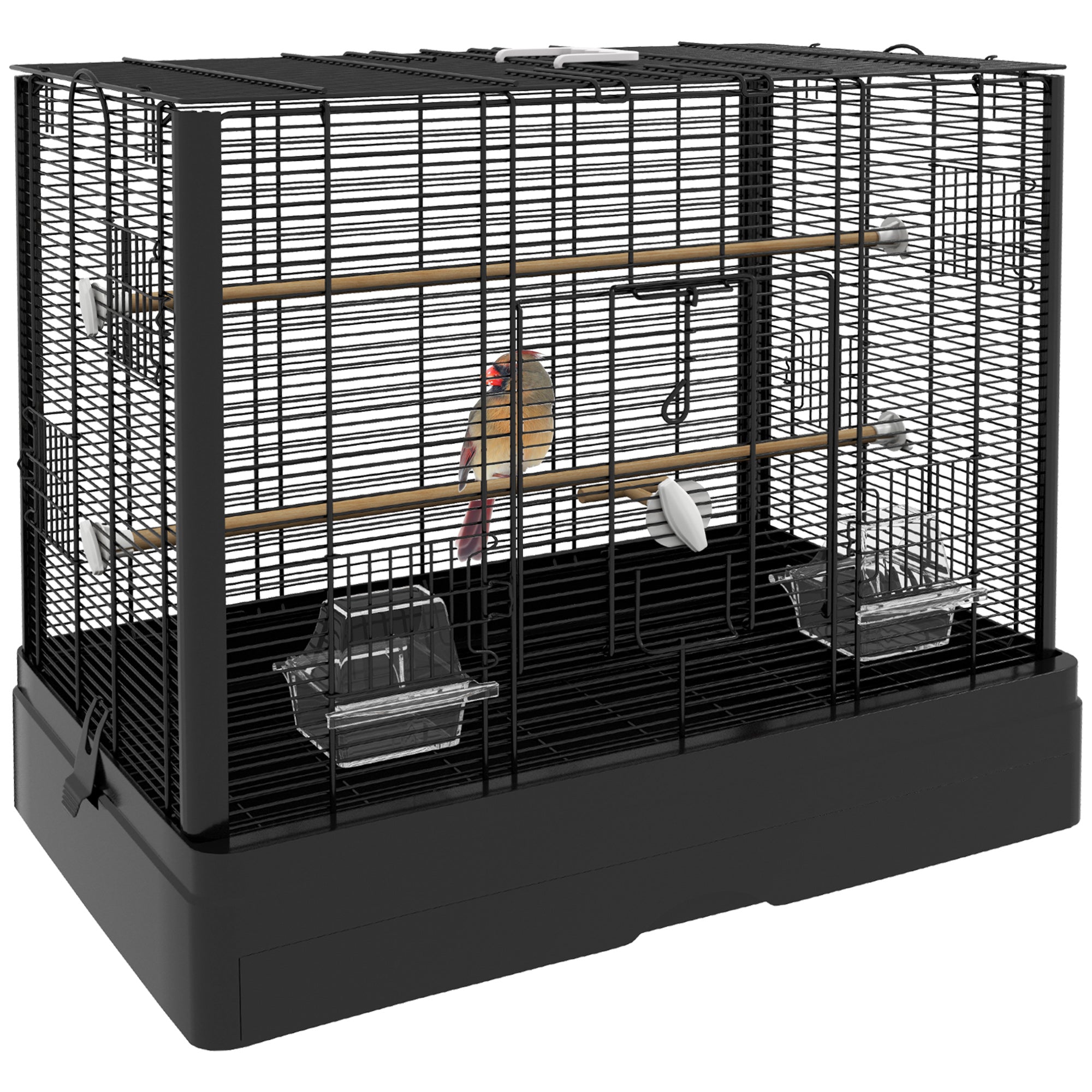 PawHut 22" Bird Cage for Budgie, Finches, Canaries, Love Birds, Large Parrot Cage with Wooden Stands, Slide-Out Tray, Handle, Food Containers, Black