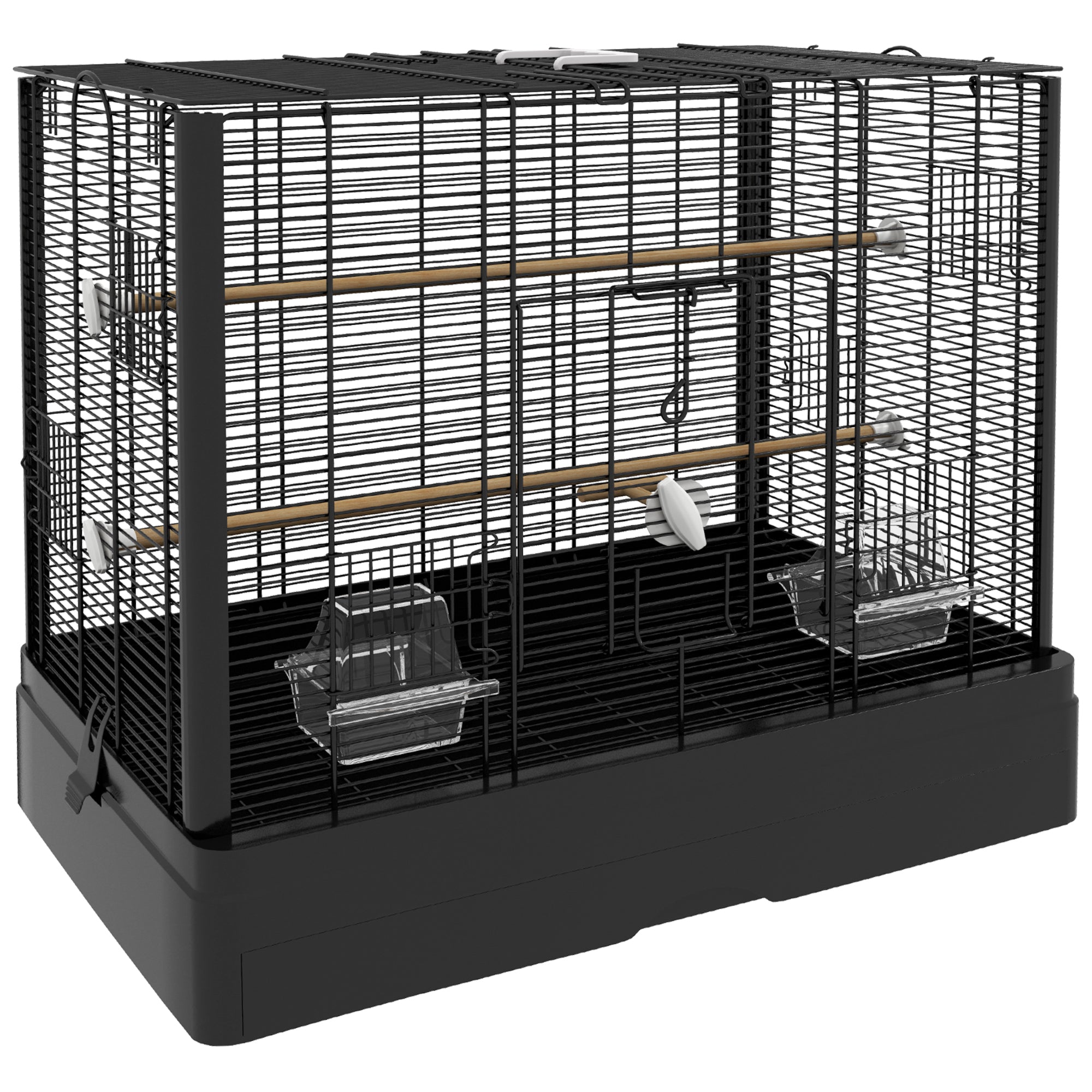 PawHut 22" Bird Cage for Budgie, Finches, Canaries, Love Birds, Large Parrot Cage with Wooden Stands, Slide-Out Tray, Handle, Food Containers, Black