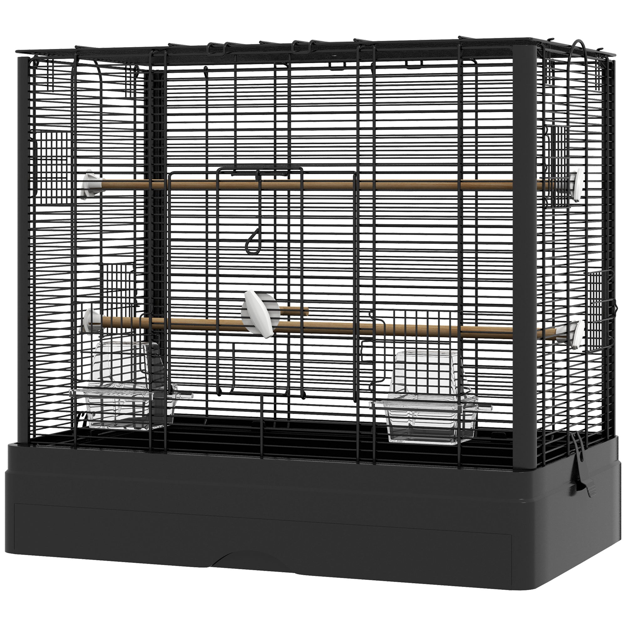 PawHut 22" Bird Cage for Budgie, Finches, Canaries, Love Birds, Large Parrot Cage with Wooden Stands, Slide-Out Tray, Handle, Food Containers, Black