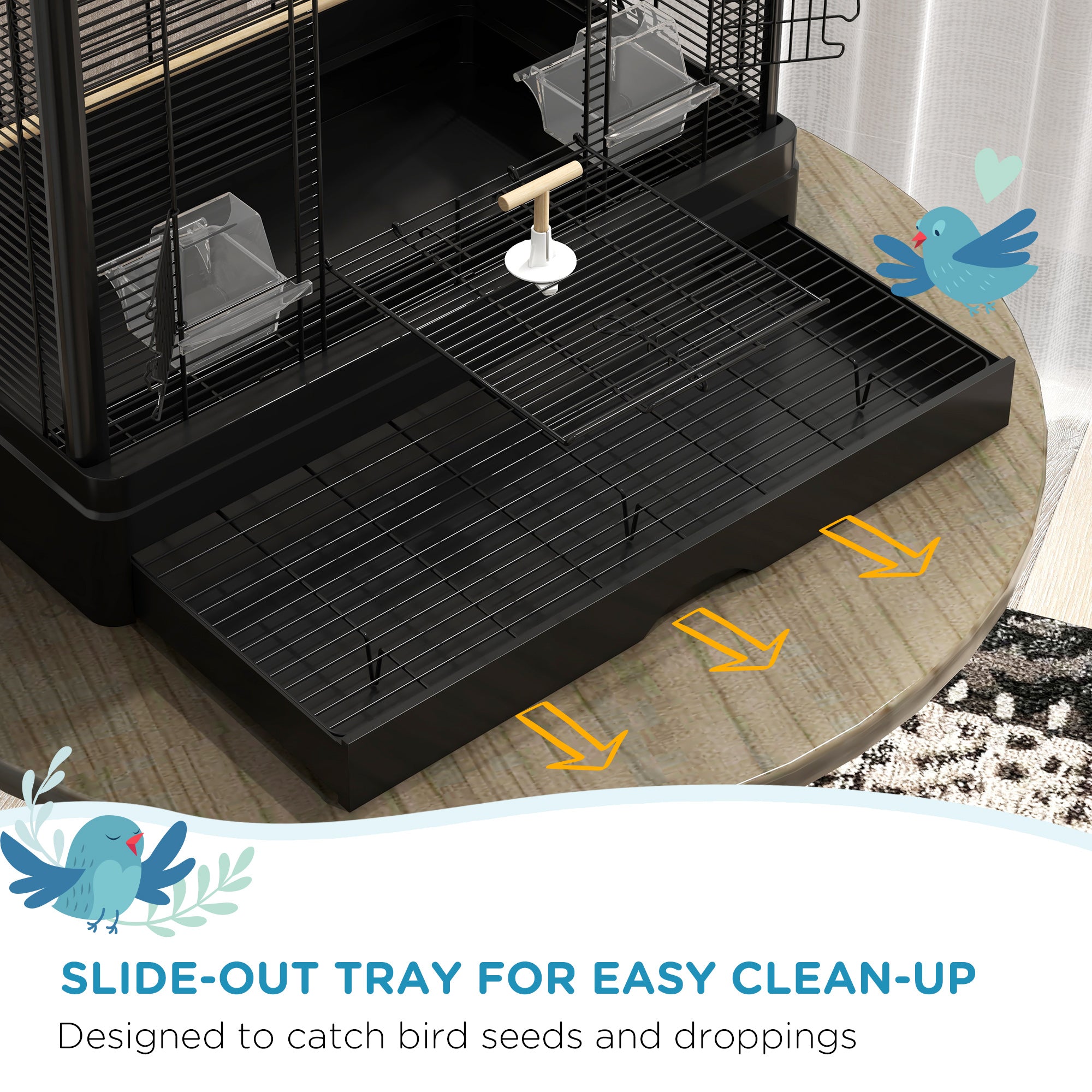PawHut 22" Bird Cage for Budgie, Finches, Canaries, Love Birds, Large Parrot Cage with Wooden Stands, Slide-Out Tray, Handle, Food Containers, Black