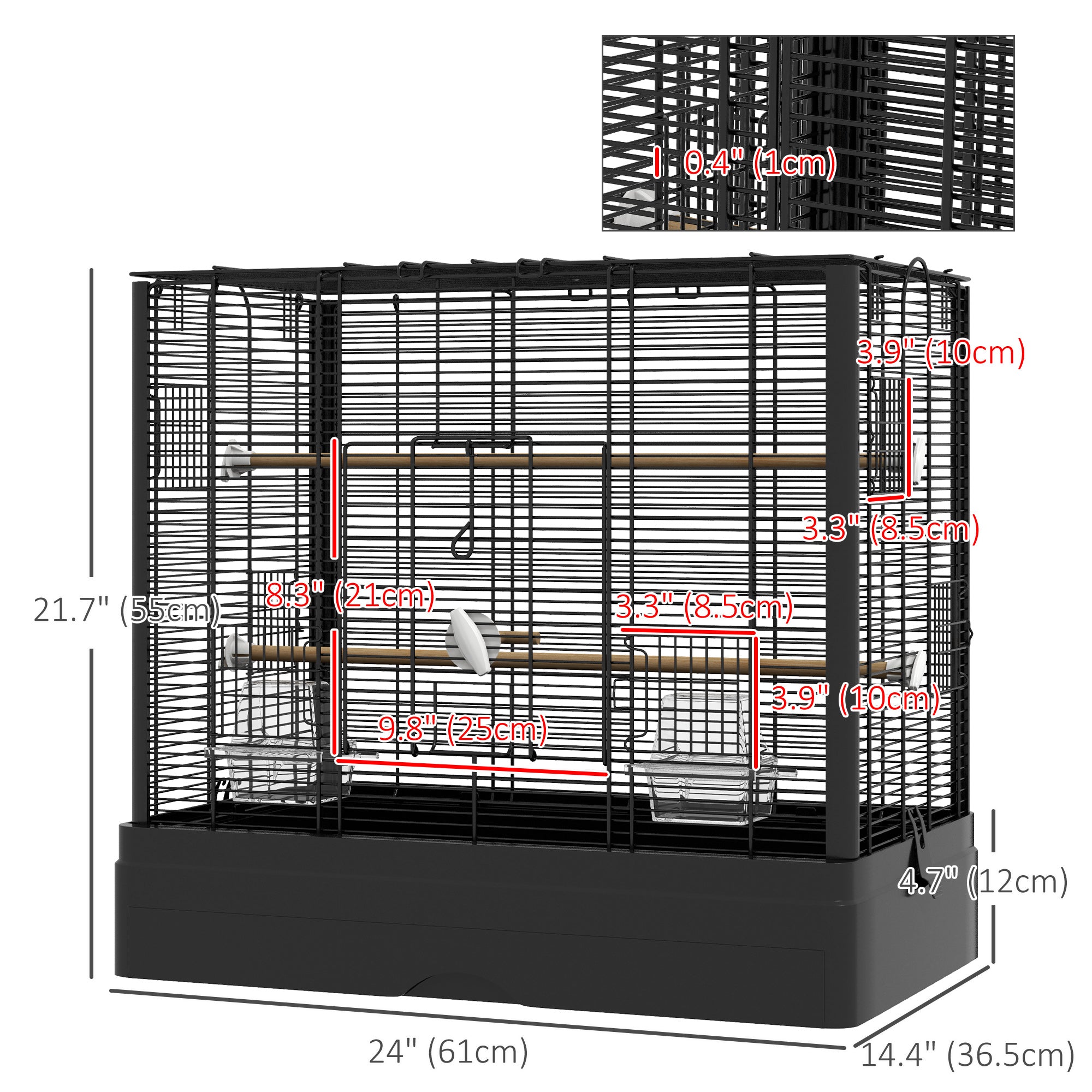 PawHut 22" Bird Cage for Budgie, Finches, Canaries, Love Birds, Large Parrot Cage with Wooden Stands, Slide-Out Tray, Handle, Food Containers, Black