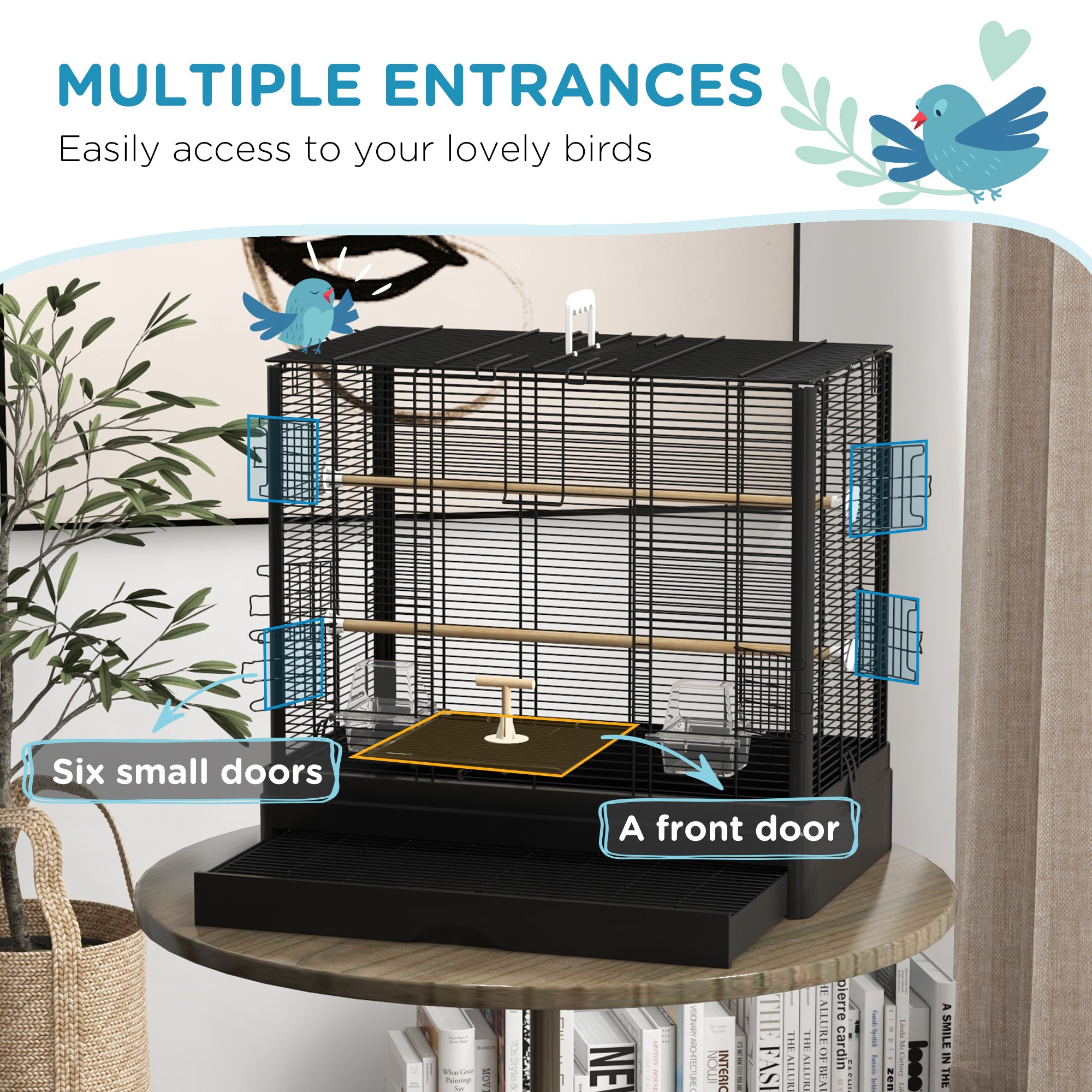PawHut 22" Bird Cage for Budgie, Finches, Canaries, Love Birds, Large Parrot Cage with Wooden Stands, Slide-Out Tray, Handle, Food Containers, Black