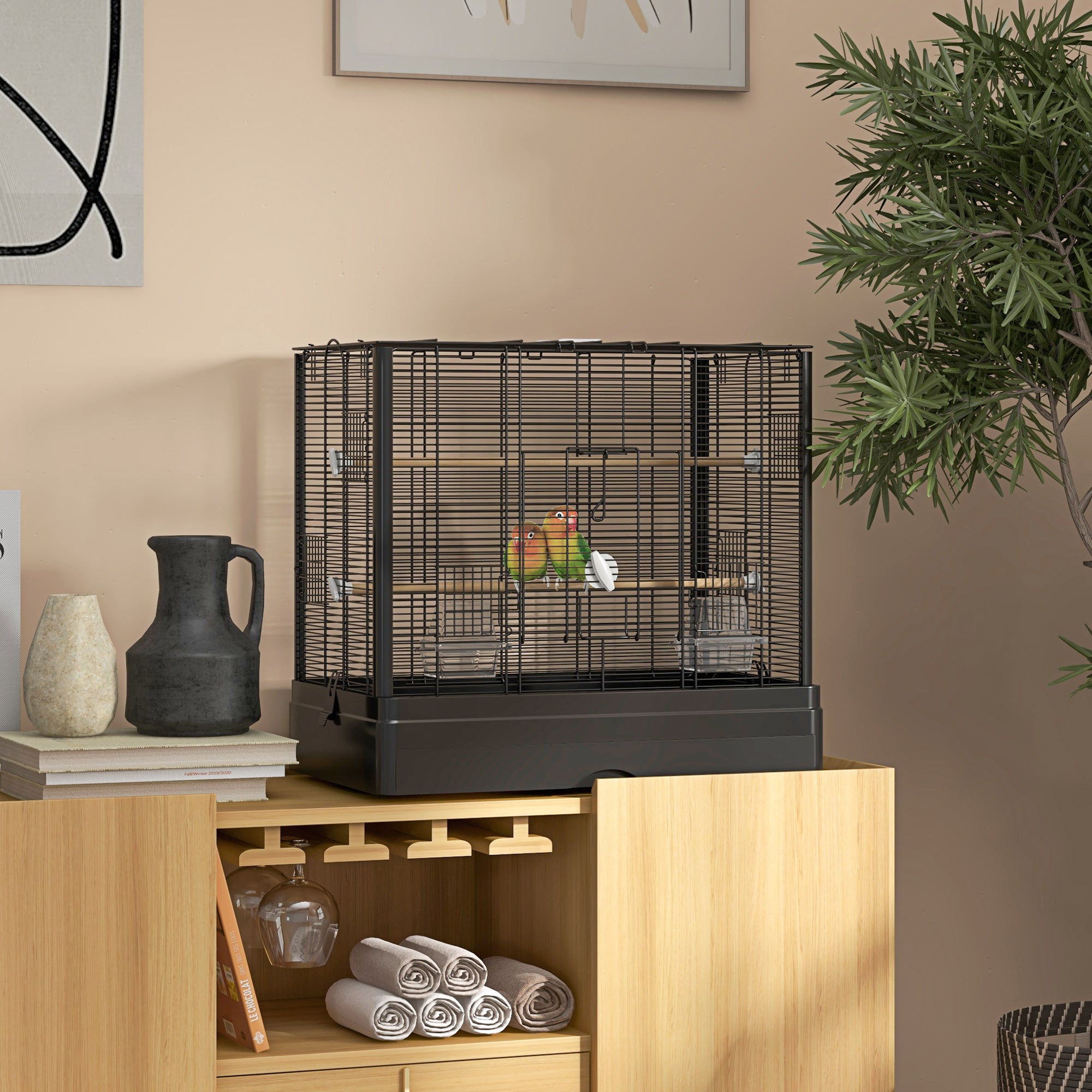 PawHut 22" Bird Cage for Budgie, Finches, Canaries, Love Birds, Large Parrot Cage with Wooden Stands, Slide-Out Tray, Handle, Food Containers, Black