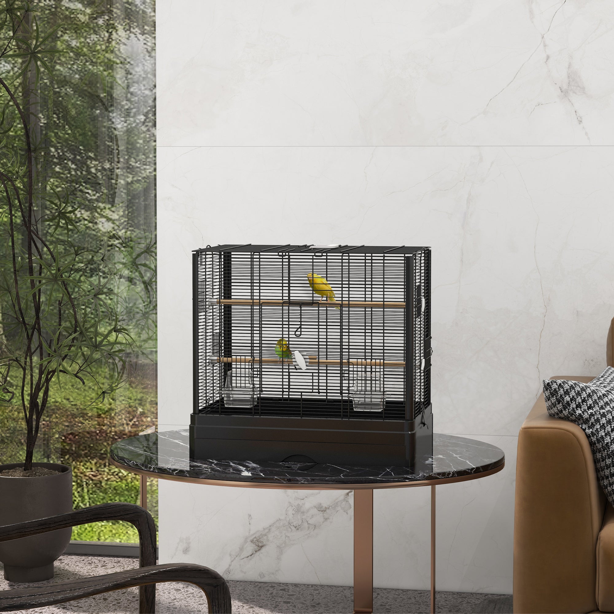 PawHut 22" Bird Cage for Budgie, Finches, Canaries, Love Birds, Large Parrot Cage with Wooden Stands, Slide-Out Tray, Handle, Food Containers, Black