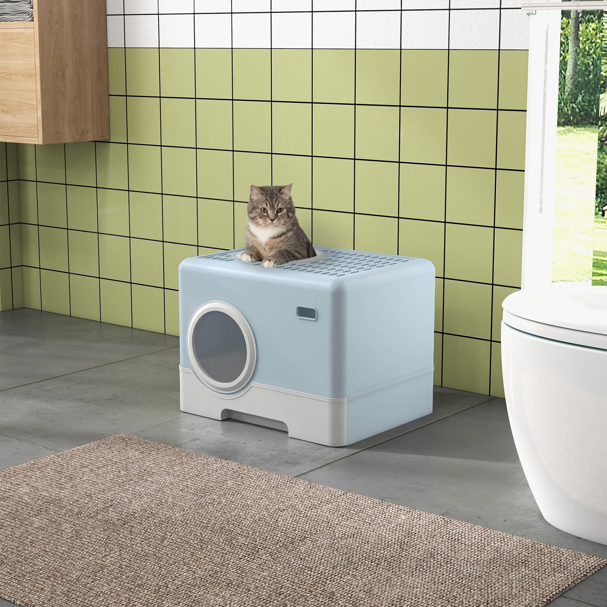 PawHut Cat Litter Tray with Hood Cat Litter Box with Front Entry, Top Exit, Drawer, Tray, Scoop, 38.5H x 52L x 41Wcm - Blue