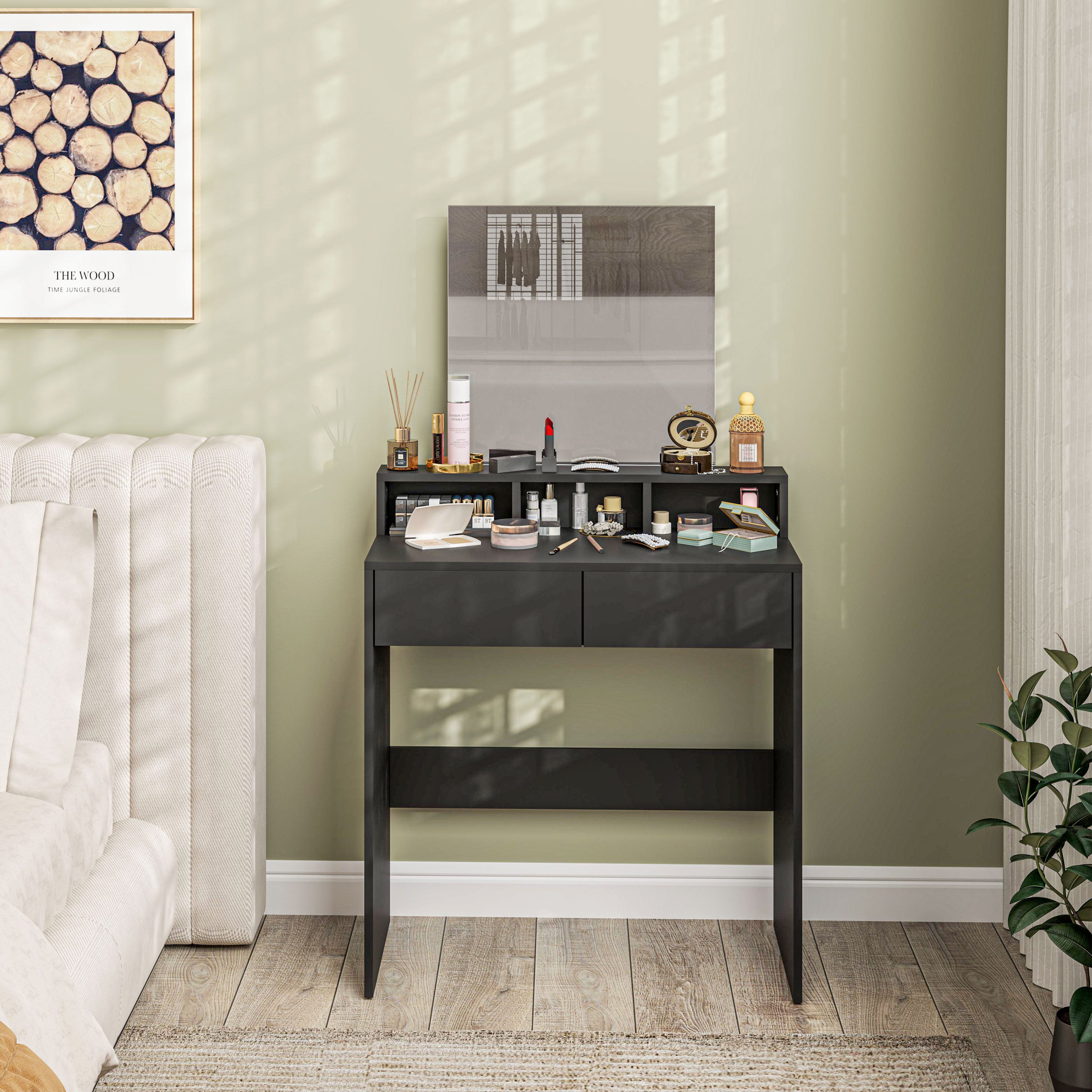 HOMCOM Makeup Vanity Desk with Mirror, for Bedroom, Modern Dressing Table with 2 Storage Drawers, 3 Compartments, for Women Girls, Black