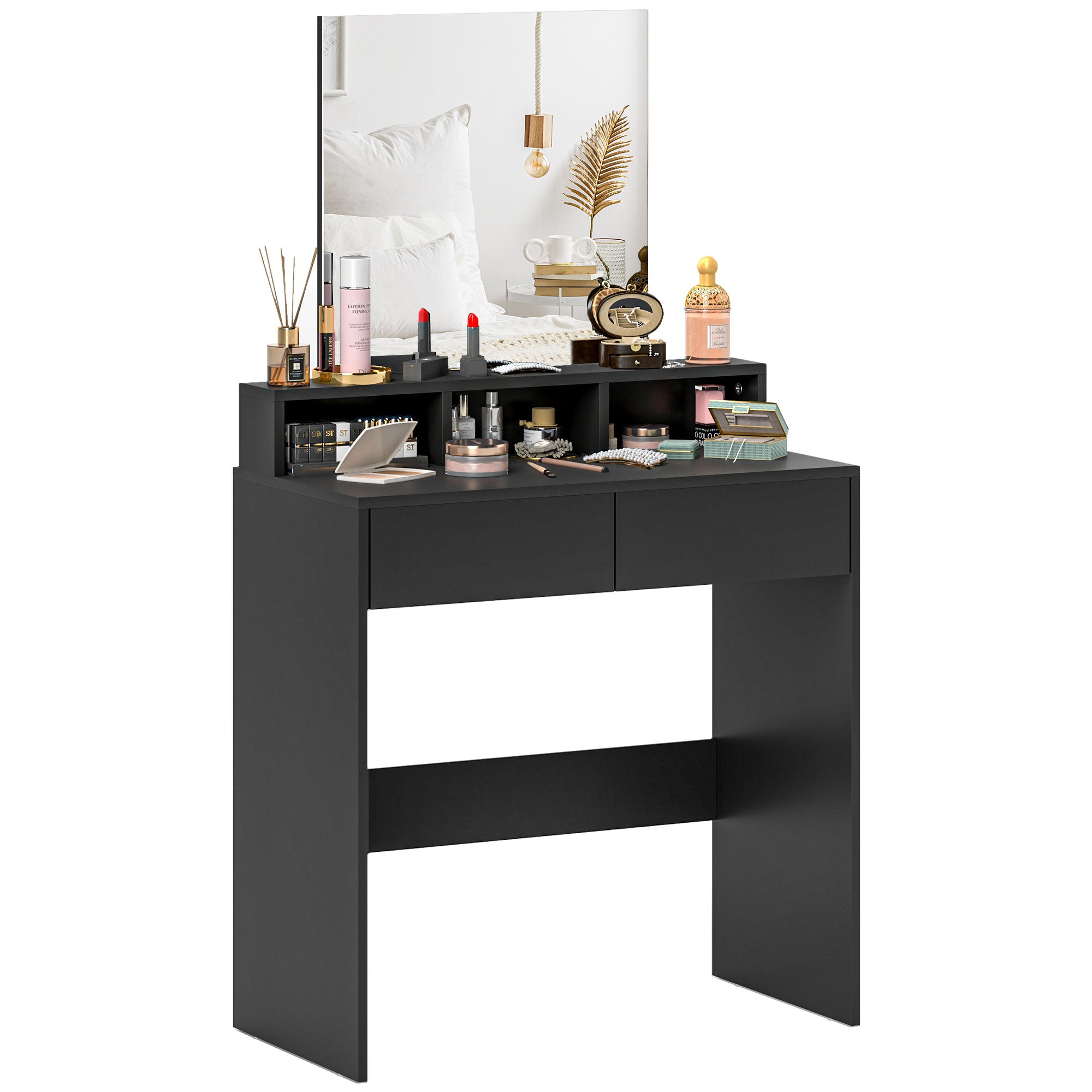 HOMCOM Makeup Vanity Desk with Mirror, for Bedroom, Modern Dressing Table with 2 Storage Drawers, 3 Compartments, for Women Girls, Black