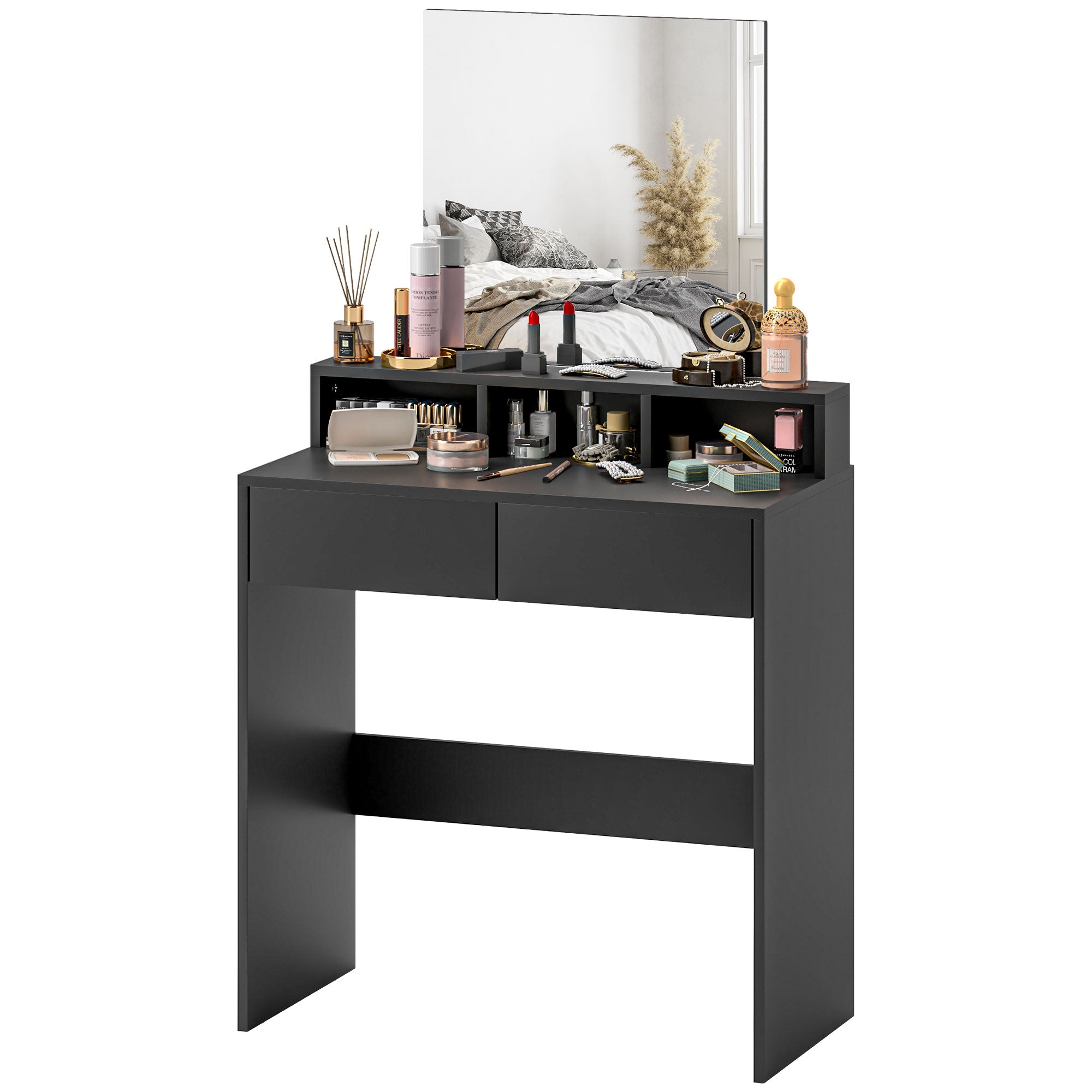 HOMCOM Makeup Vanity Desk with Mirror, for Bedroom, Modern Dressing Table with 2 Storage Drawers, 3 Compartments, for Women Girls, Black