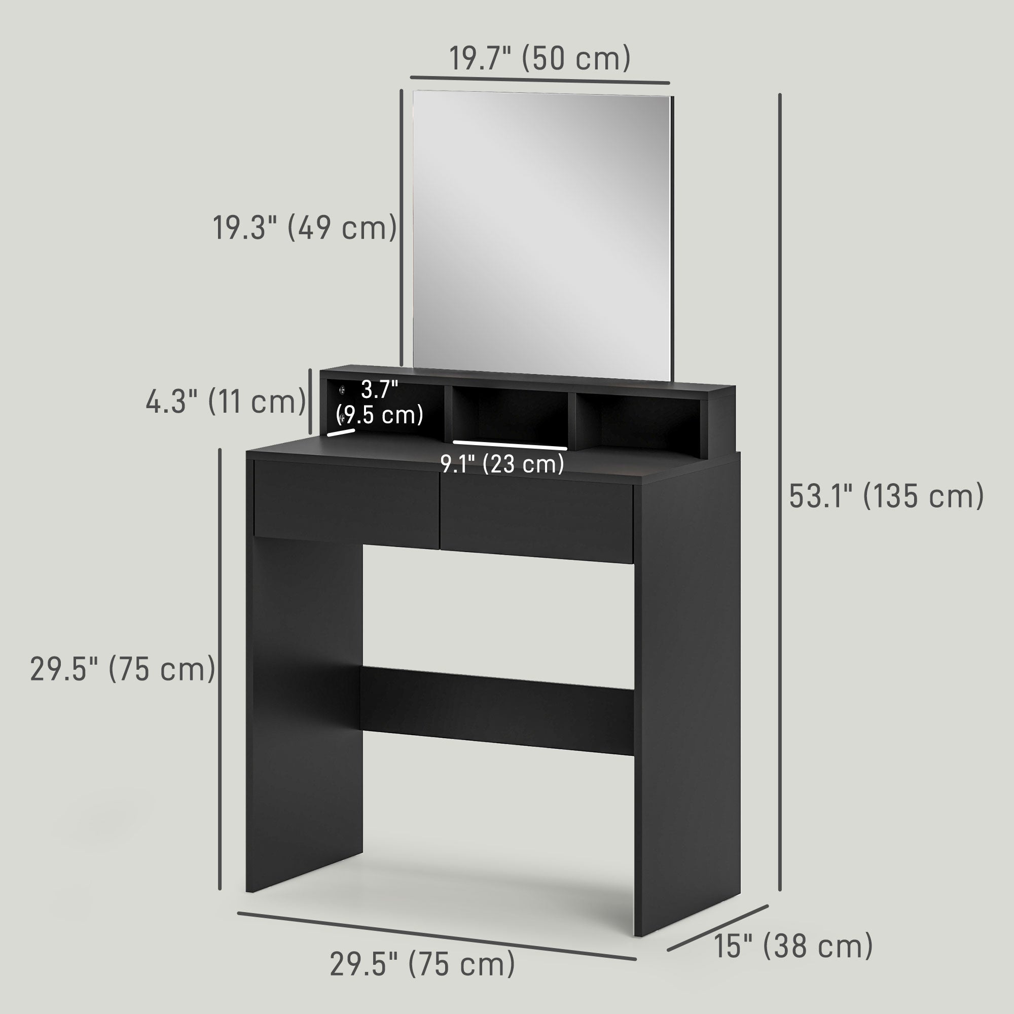 HOMCOM Makeup Vanity Desk with Mirror, for Bedroom, Modern Dressing Table with 2 Storage Drawers, 3 Compartments, for Women Girls, Black
