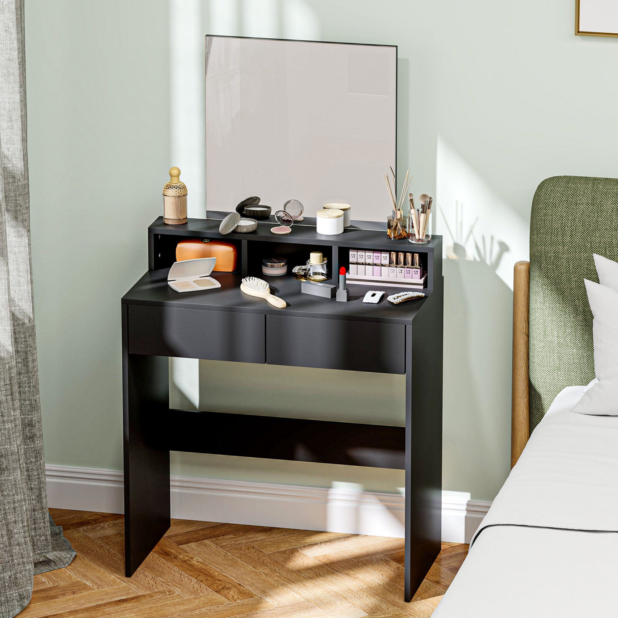 HOMCOM Makeup Vanity Desk with Mirror, for Bedroom, Modern Dressing Table with 2 Storage Drawers, 3 Compartments, for Women Girls, Black