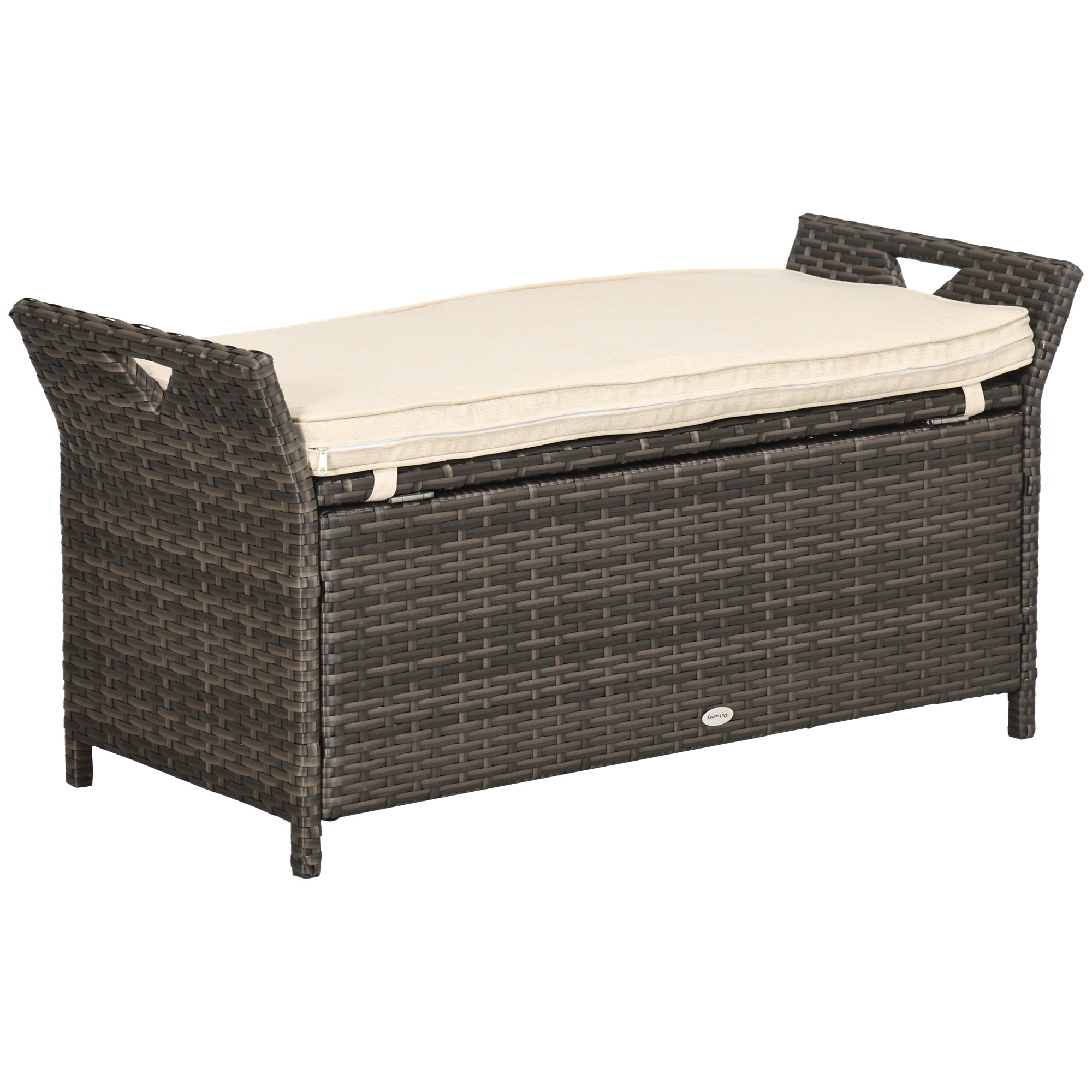 Outsunny 2-In-1 Patio Wicker Storage Bench, 27 Gallon Outdoor PE Rattan Patio Furniture, Large Capacity Rectangle Basket Box with Handles and Cushion, Cream White