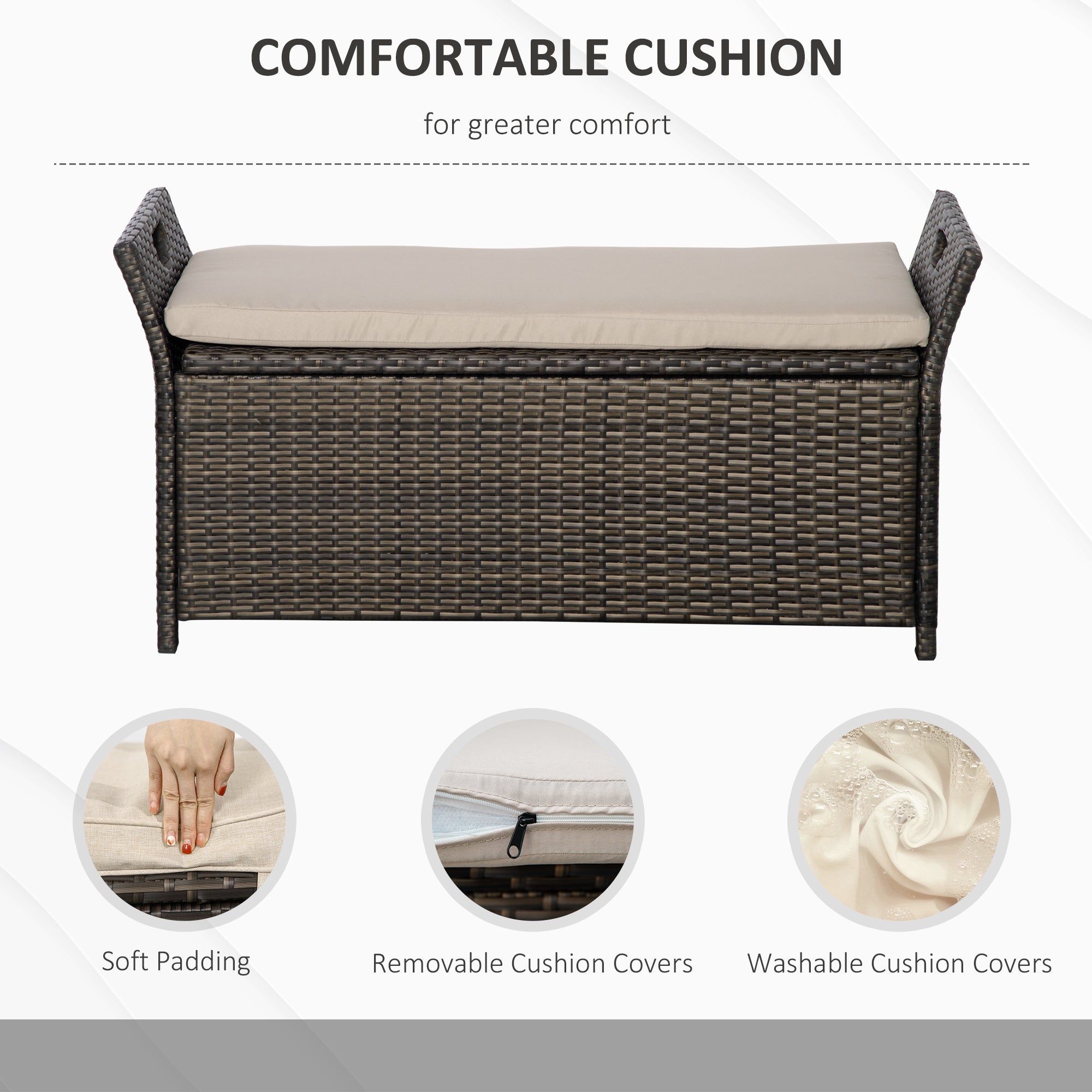 Outsunny 2-In-1 Patio Wicker Storage Bench, 27 Gallon Outdoor PE Rattan Patio Furniture, Large Capacity Rectangle Basket Box with Handles and Cushion, Cream White