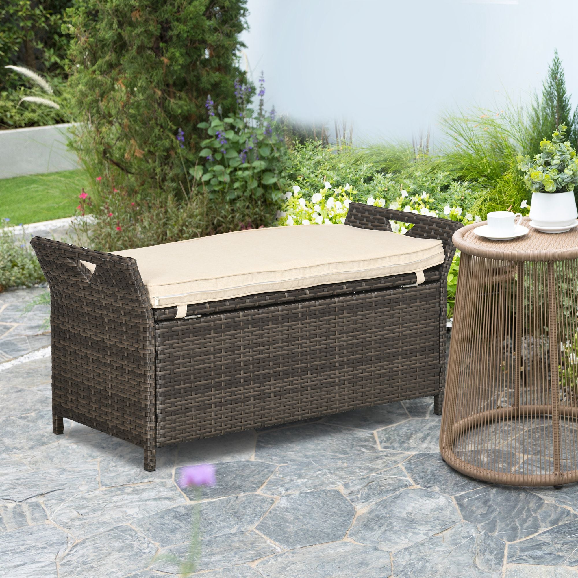 Outsunny 2-In-1 Patio Wicker Storage Bench, 27 Gallon Outdoor PE Rattan Patio Furniture, Large Capacity Rectangle Basket Box with Handles and Cushion, Cream White
