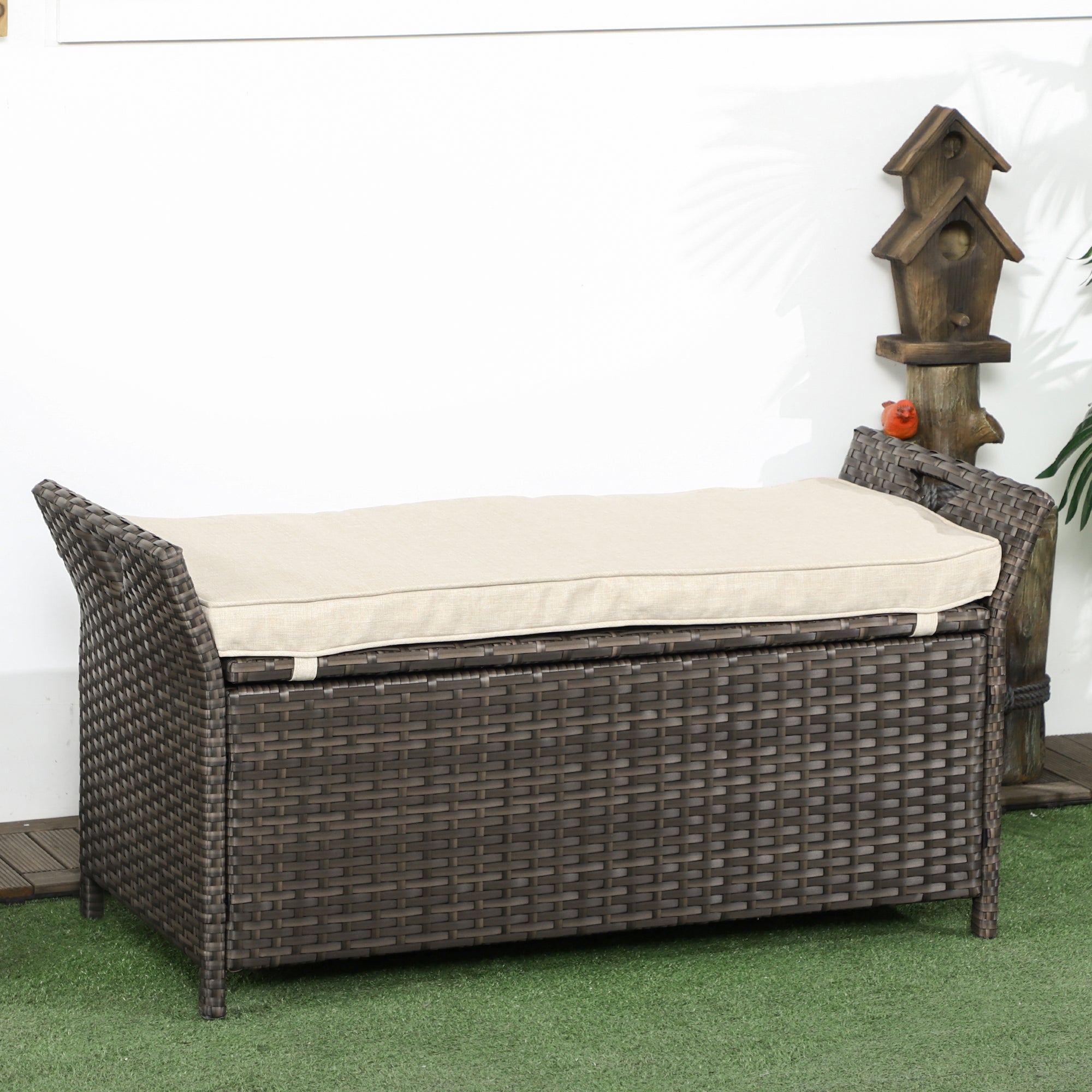 Outsunny 2-In-1 Patio Wicker Storage Bench, 27 Gallon Outdoor PE Rattan Patio Furniture, Large Capacity Rectangle Basket Box with Handles and Cushion, Cream White