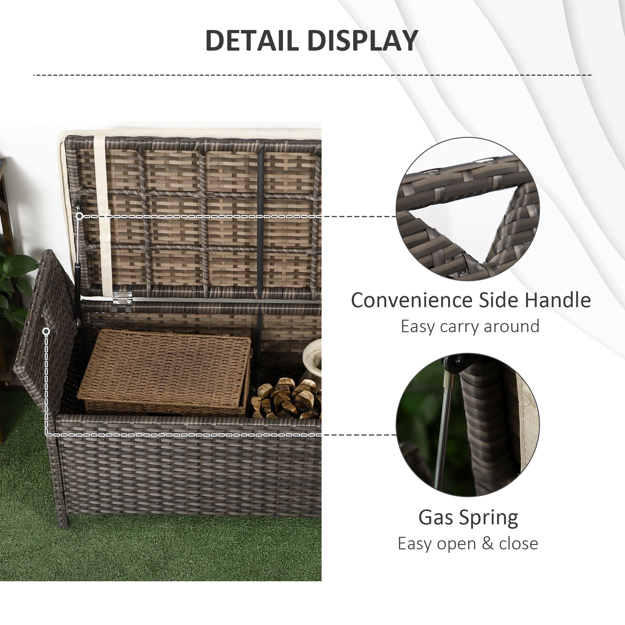 Outsunny 2-In-1 Patio Wicker Storage Bench, 27 Gallon Outdoor PE Rattan Patio Furniture, Large Capacity Rectangle Basket Box with Handles and Cushion, Cream White