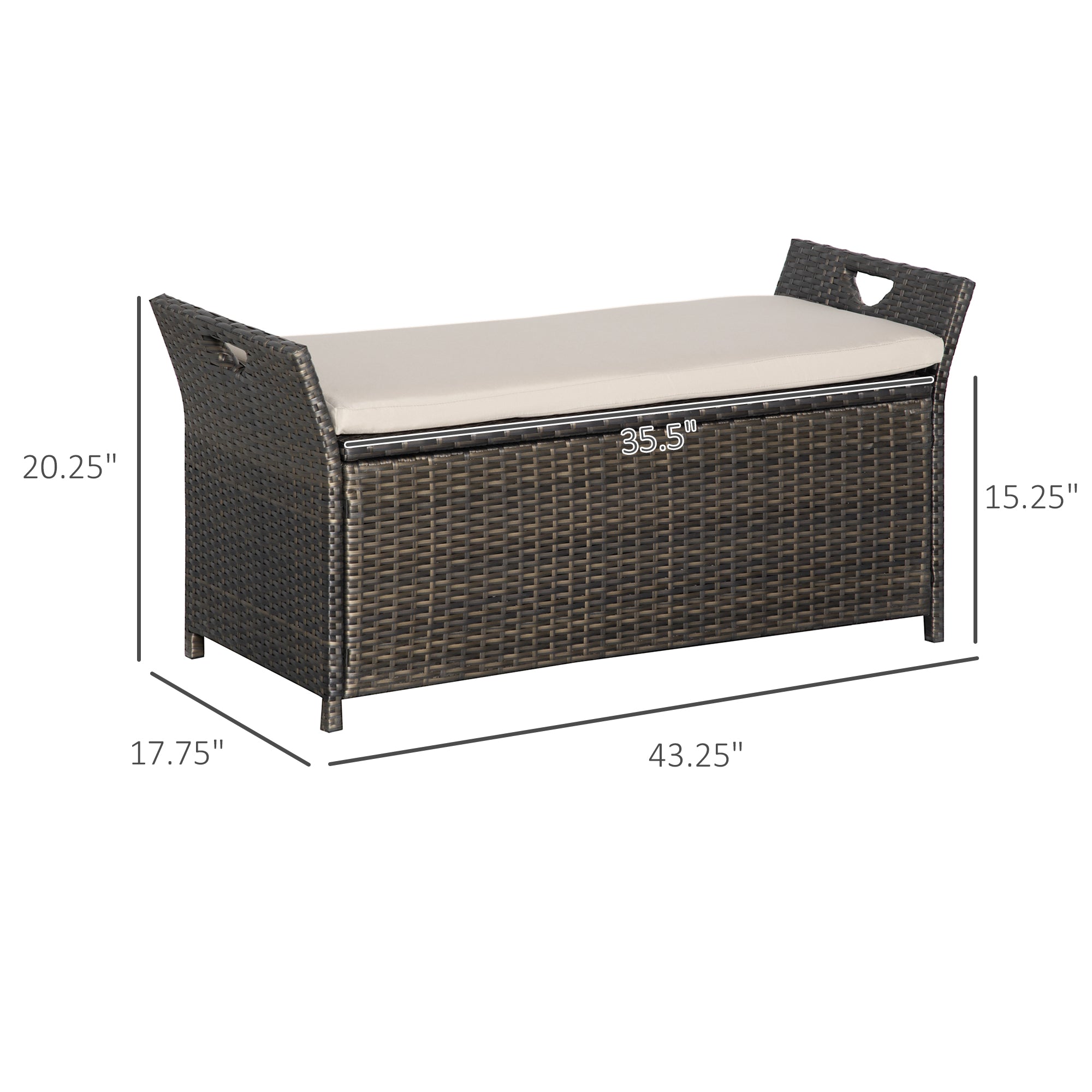 Outsunny 2-In-1 Patio Wicker Storage Bench, 27 Gallon Outdoor PE Rattan Patio Furniture, Large Capacity Rectangle Basket Box with Handles and Cushion, Cream White