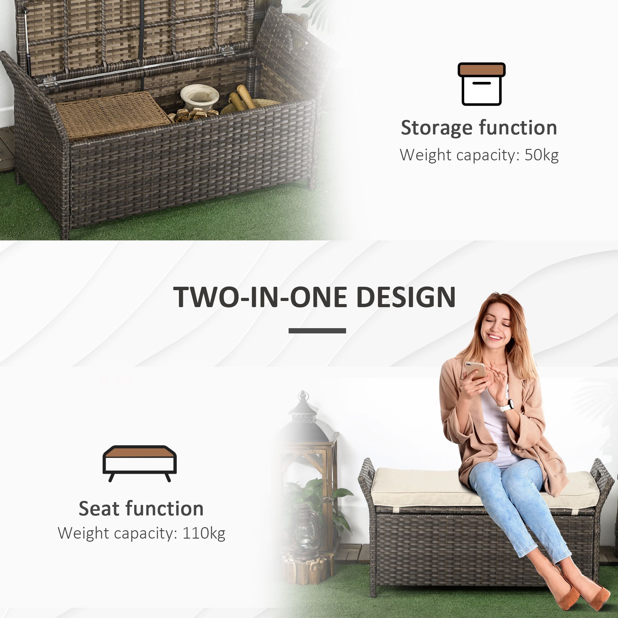 Outsunny 2-In-1 Patio Wicker Storage Bench, 27 Gallon Outdoor PE Rattan Patio Furniture, Large Capacity Rectangle Basket Box with Handles and Cushion, Cream White
