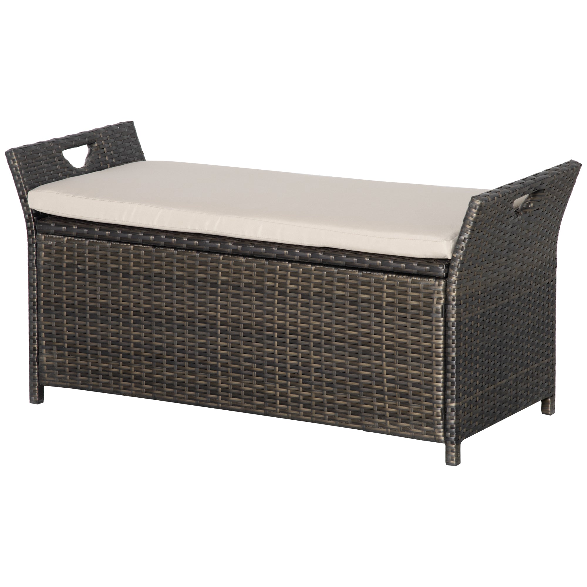 Outsunny 2-In-1 Patio Wicker Storage Bench, 27 Gallon Outdoor PE Rattan Patio Furniture, Large Capacity Rectangle Basket Box with Handles and Cushion, Cream White