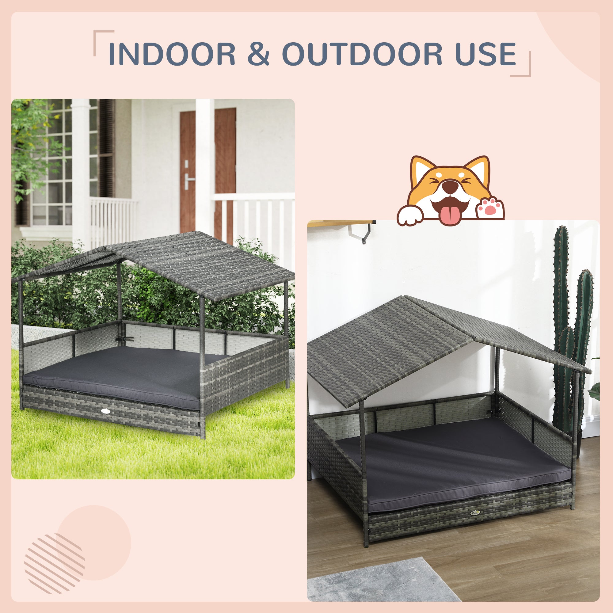 PawHut Outdoor Wicker Dog House with Canopy, Rattan Dog Bed with Soft Cushion Removable Cover for Medium and Large Dogs, Dark Gray