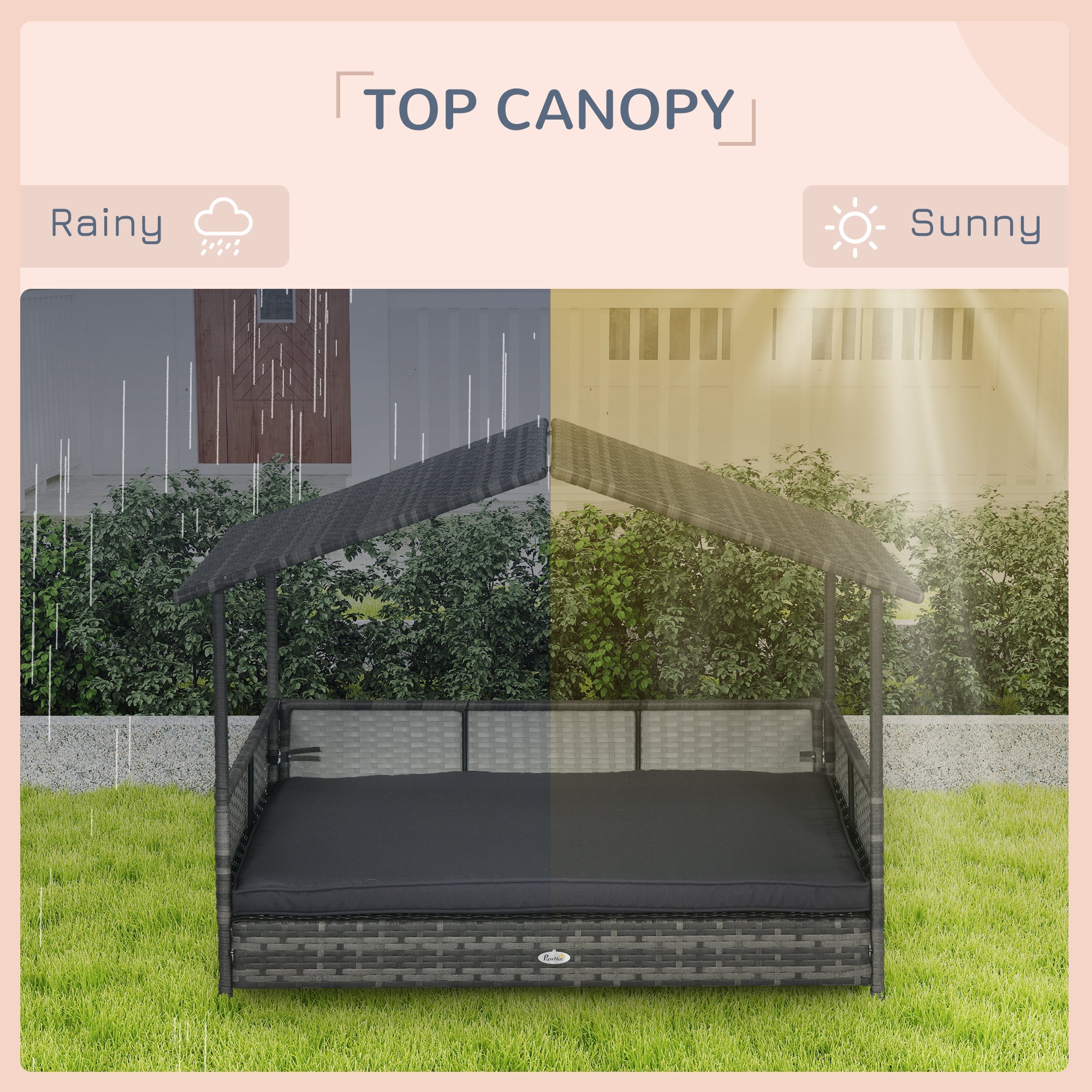 PawHut Outdoor Wicker Dog House with Canopy, Rattan Dog Bed with Soft Cushion Removable Cover for Medium and Large Dogs, Dark Gray