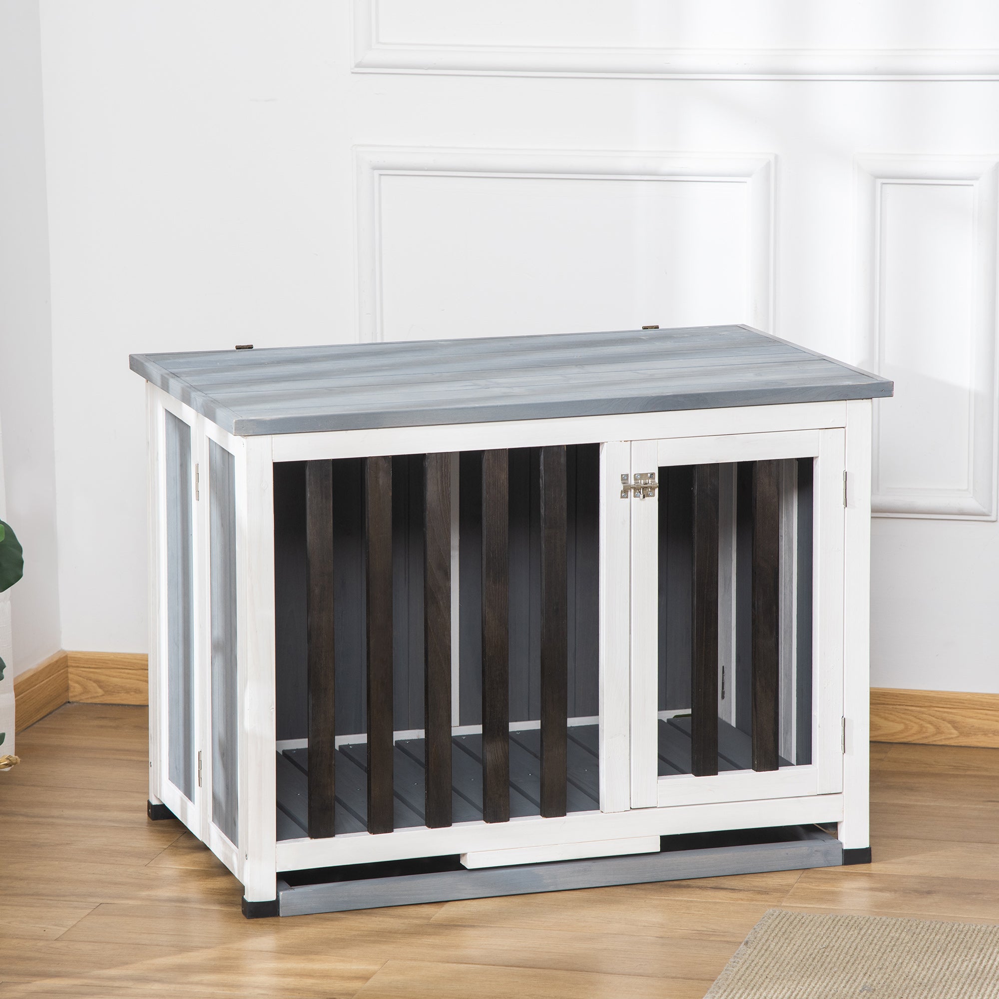 PawHut Wooden Dog Crate Foldable Dog Cage Kennel End Table with Removable Tray for Small Medium Pets Grey 85 x 51 x 61 cm