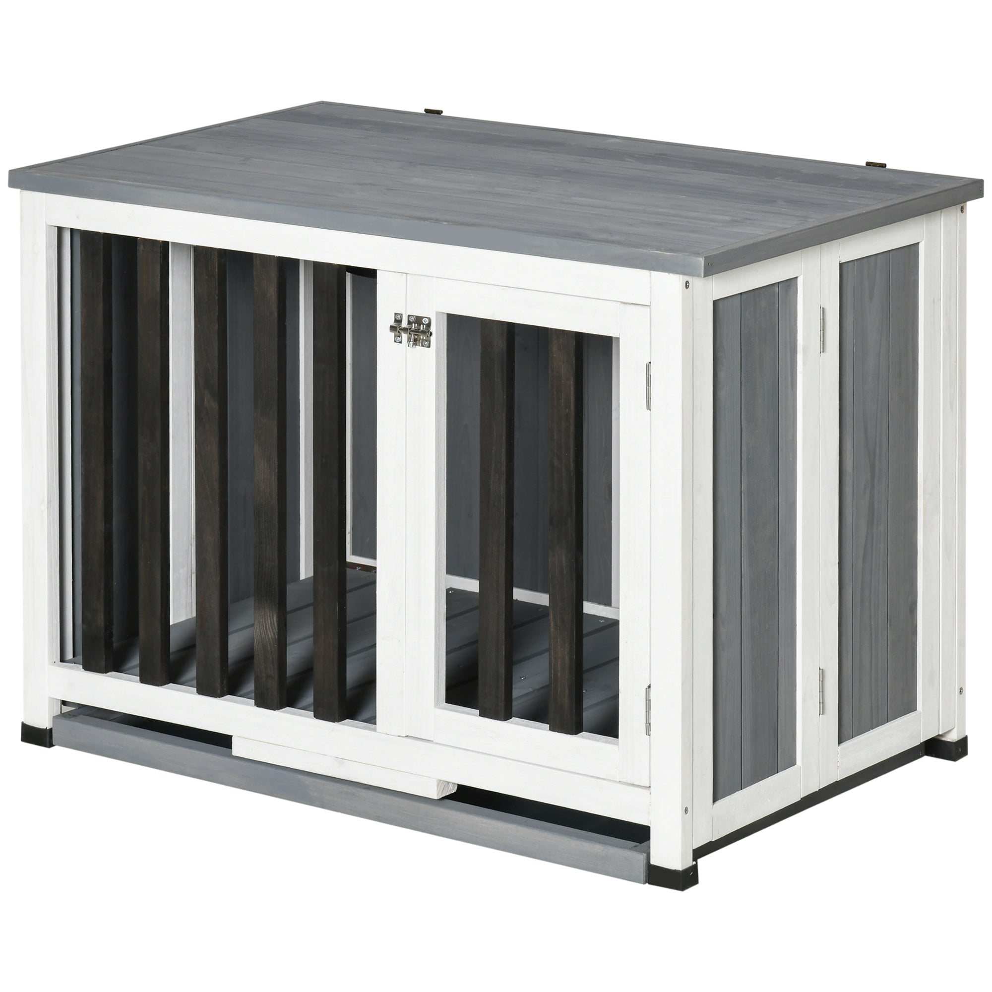 PawHut Wooden Dog Crate Foldable Dog Cage Kennel End Table with Removable Tray for Small Medium Pets Grey 85 x 51 x 61 cm