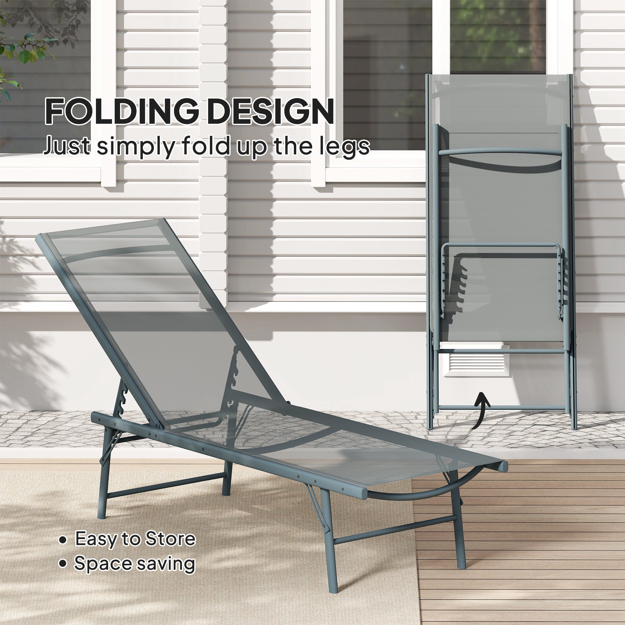 Outsunny Folding Outdoor Lounge Chair, 5-Level Adjustable Outdoor Chaise Lounge Chair, Patio Sun Tanning Chair with Mesh Seat for Backyard, Beach, Poolside, Light Grey