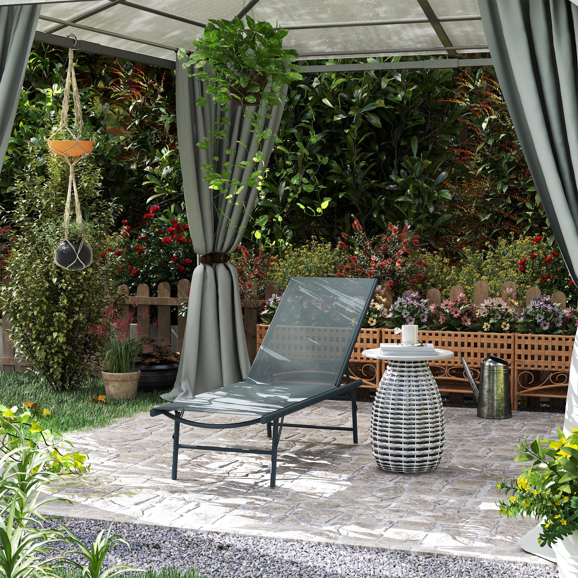 Outsunny Folding Outdoor Lounge Chair, 5-Level Adjustable Outdoor Chaise Lounge Chair, Patio Sun Tanning Chair with Mesh Seat for Backyard, Beach, Poolside, Light Grey