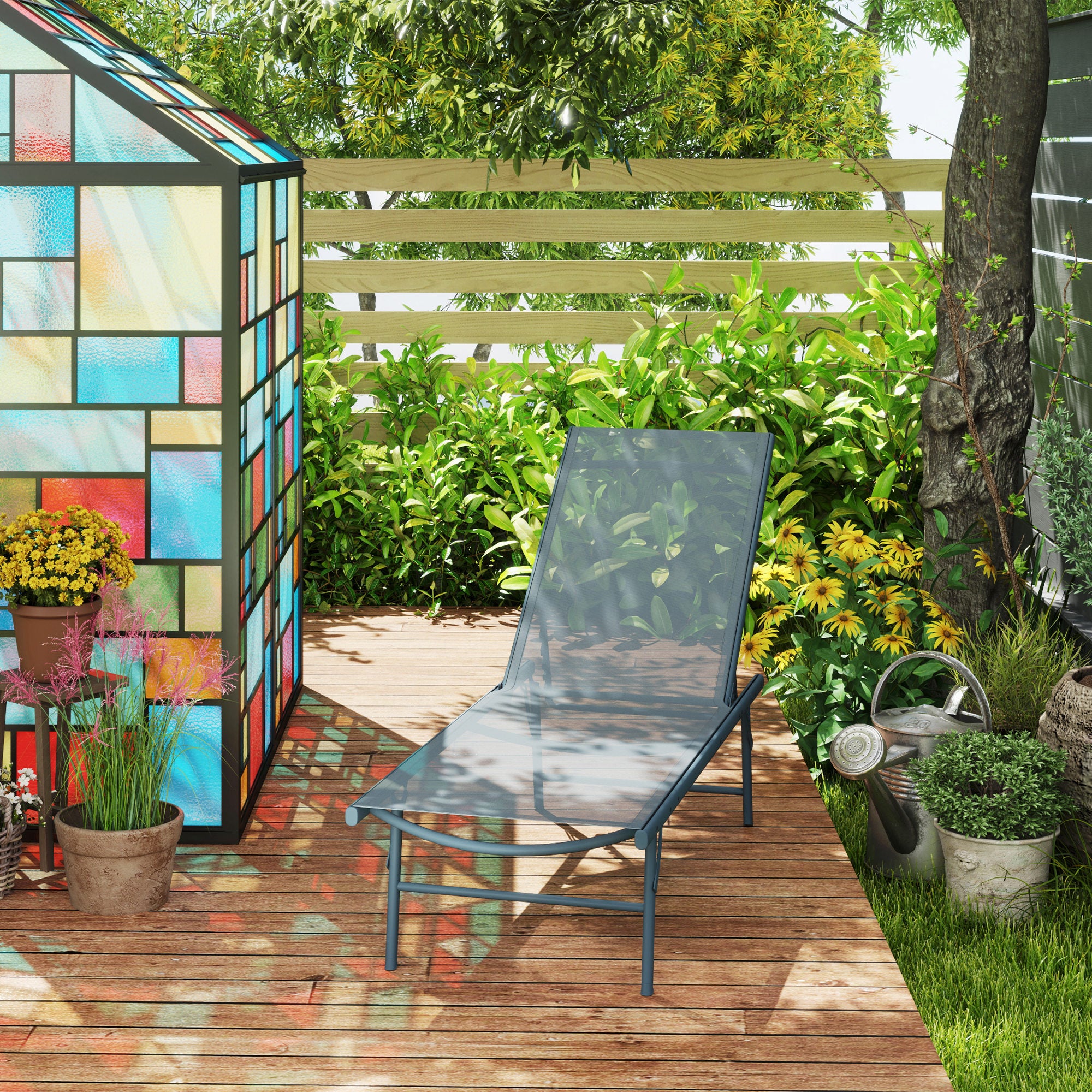 Outsunny Folding Outdoor Lounge Chair, 5-Level Adjustable Outdoor Chaise Lounge Chair, Patio Sun Tanning Chair with Mesh Seat for Backyard, Beach, Poolside, Light Grey