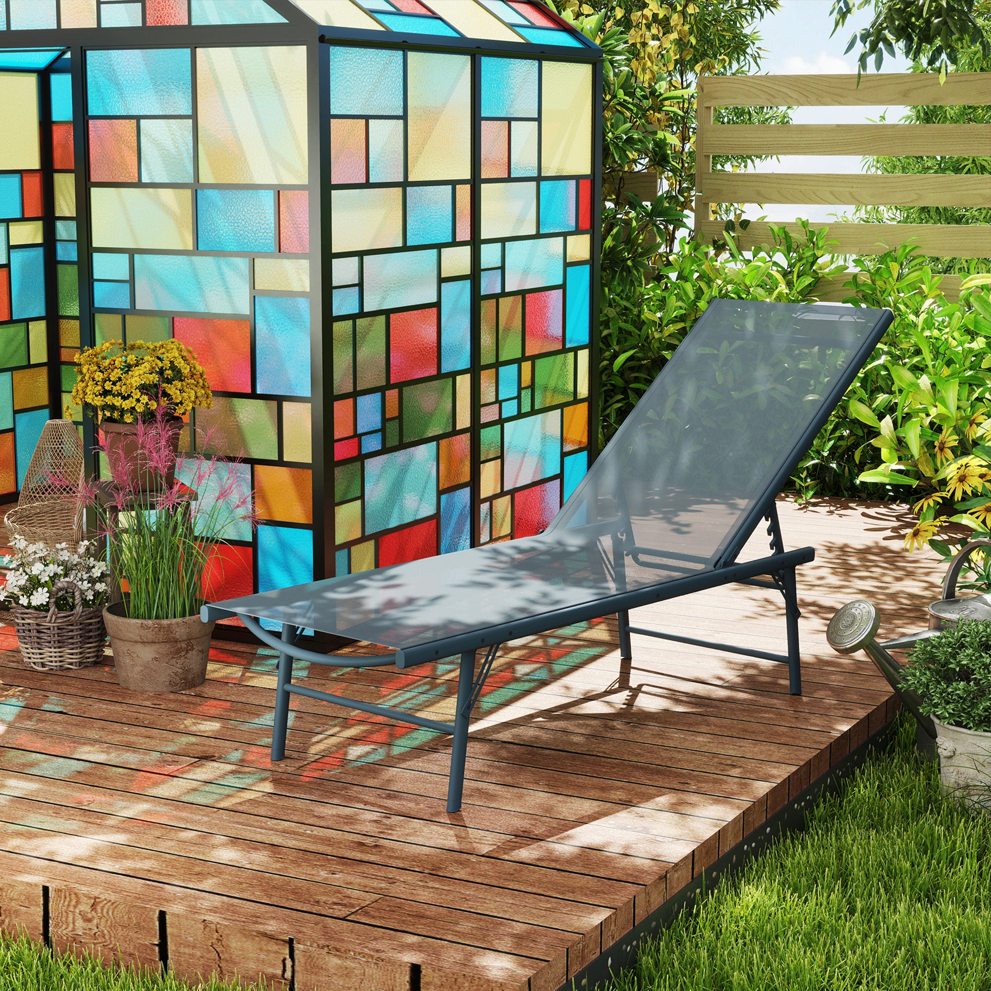 Outsunny Folding Outdoor Lounge Chair, 5-Level Adjustable Outdoor Chaise Lounge Chair, Patio Sun Tanning Chair with Mesh Seat for Backyard, Beach, Poolside, Light Grey