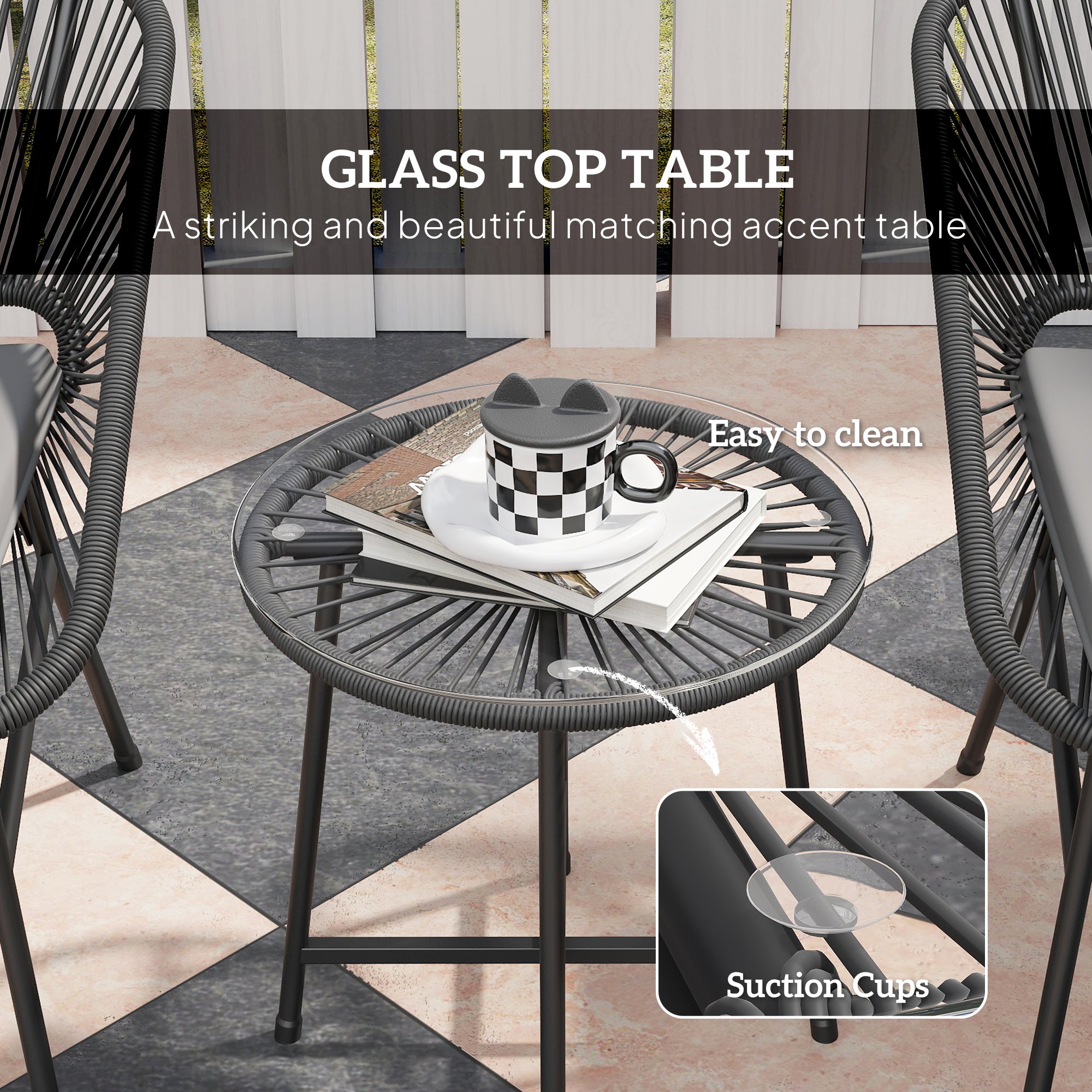 Outsunny 3 Pieces Wicker Patio Furniture Set, Acapulco Chair Set with Glass Top Coffee Table and Cushions, Bistro Table Set Outdoor Patio Conversation Set for Porch, Balcony, Black