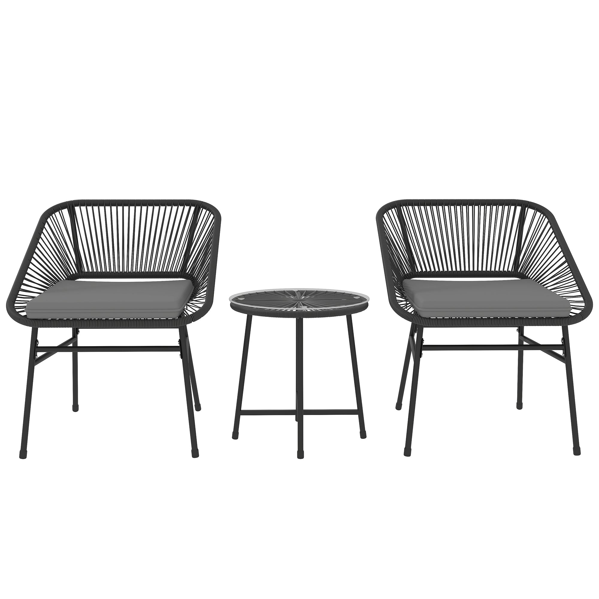 Outsunny 3 Pieces Wicker Patio Furniture Set, Acapulco Chair Set with Glass Top Coffee Table and Cushions, Bistro Table Set Outdoor Patio Conversation Set for Porch, Balcony, Black
