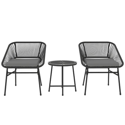 Outsunny 3 Pieces Wicker Patio Furniture Set, Acapulco Chair Set with Glass Top Coffee Table and Cushions, Bistro Table Set Outdoor Patio Conversation Set for Porch, Balcony, Black