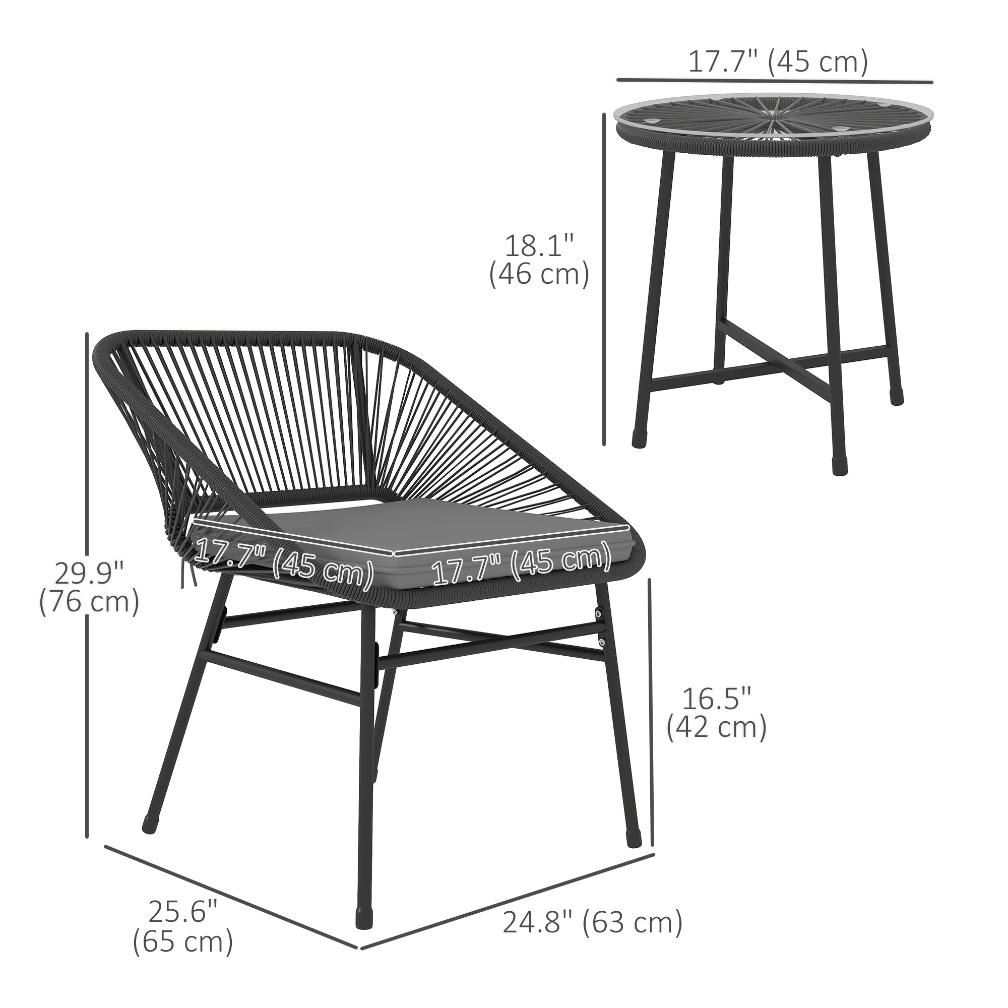 Outsunny 3 Pieces Wicker Patio Furniture Set, Acapulco Chair Set with Glass Top Coffee Table and Cushions, Bistro Table Set Outdoor Patio Conversation Set for Porch, Balcony, Black