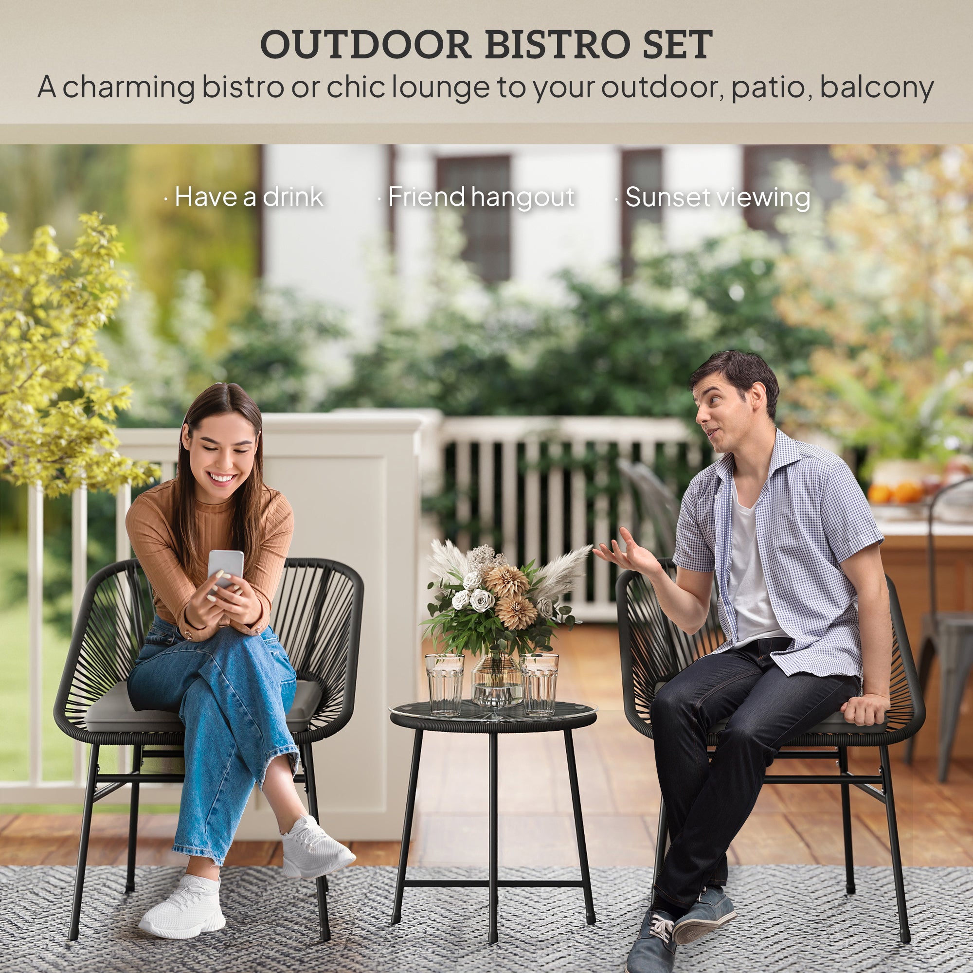 Outsunny 3 Pieces Wicker Patio Furniture Set, Acapulco Chair Set with Glass Top Coffee Table and Cushions, Bistro Table Set Outdoor Patio Conversation Set for Porch, Balcony, Black